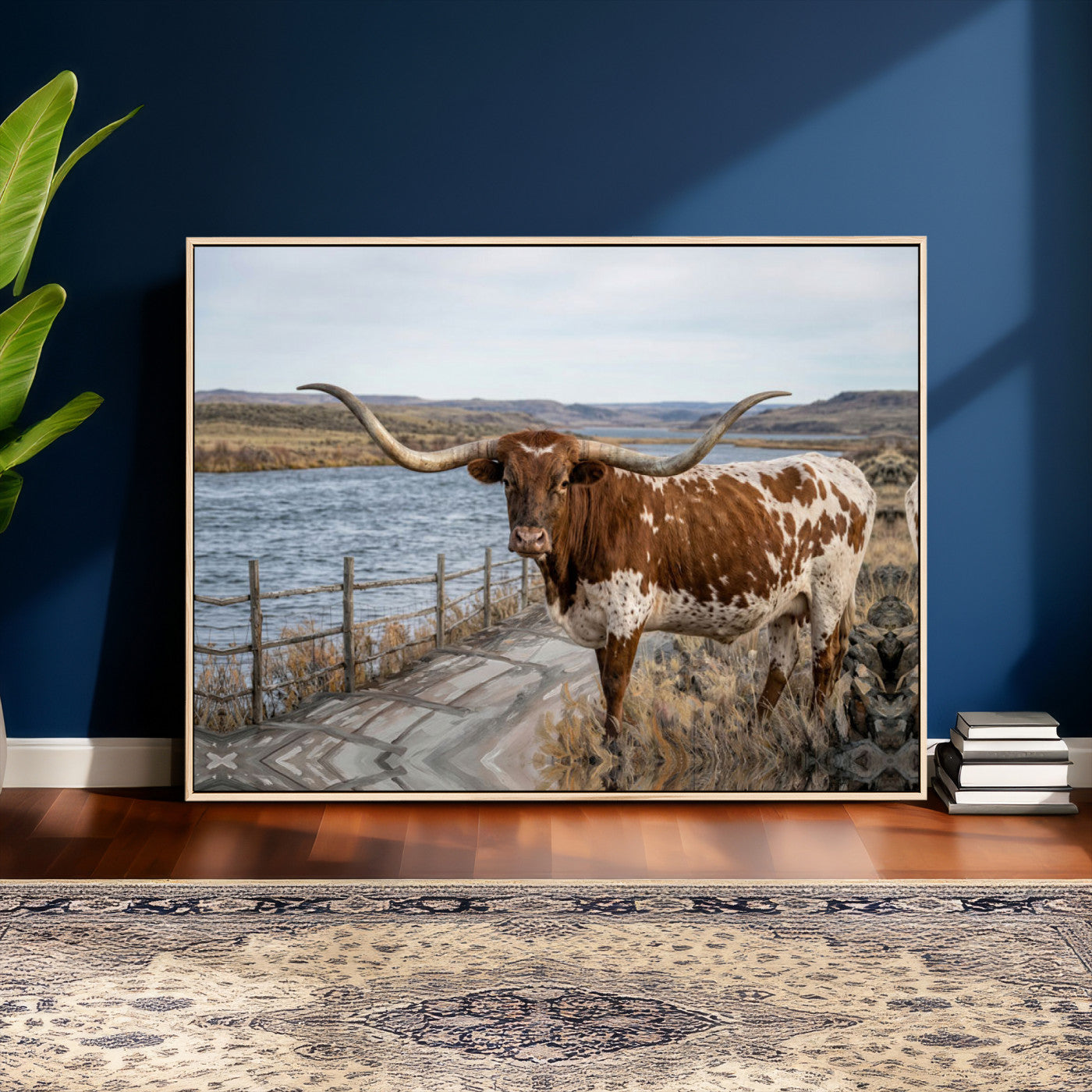 91575949-MGV-CV-36X24 - Texas Longhorn Cattle in Desert Pasture Wall Art Canvas Print - Rustic Western Decor