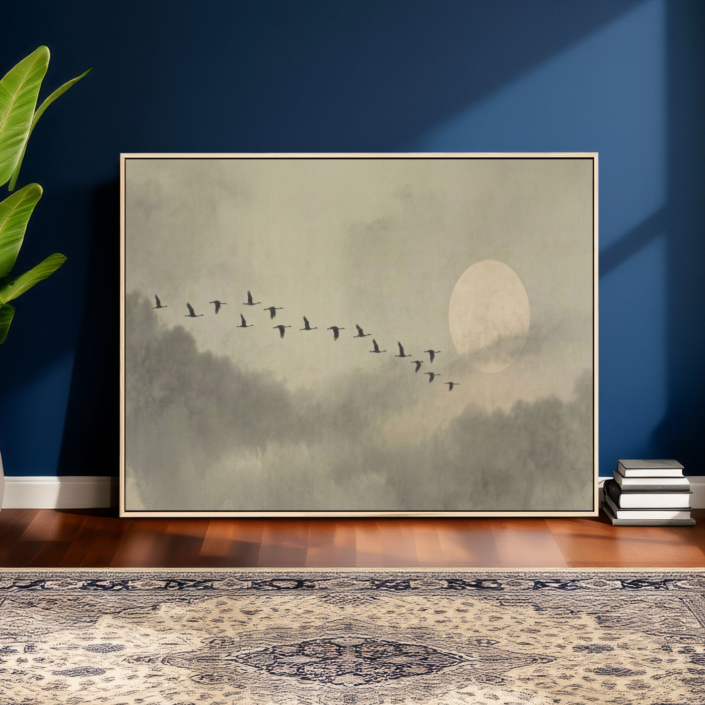 12098149-MGV-CV-36X24 - Flock of Birds Flying to Full Moon Wall Art Canvas Print - Vintage Surreal Clouds Painting
