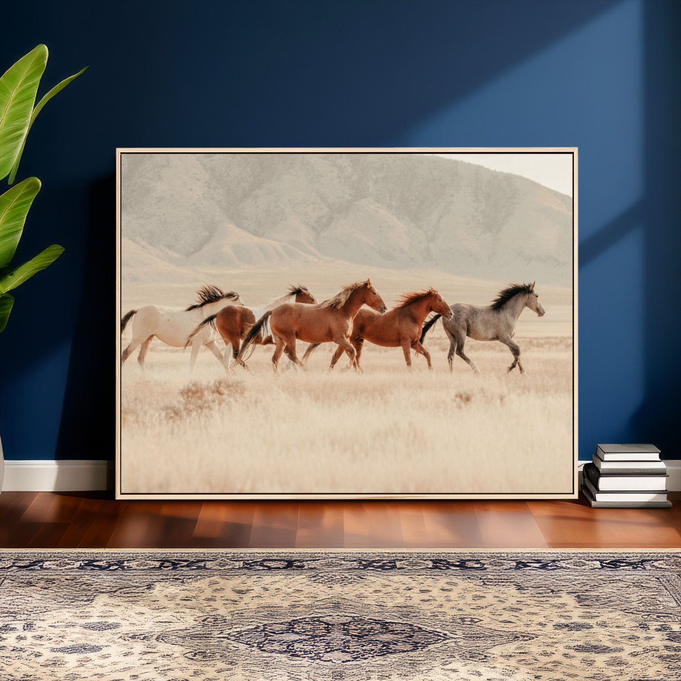 43348446-MGV-CV-36X24 - Herd of Wild Horses Running in Desert Mountain Wall Art Canvas Print - Boho Western Landscape