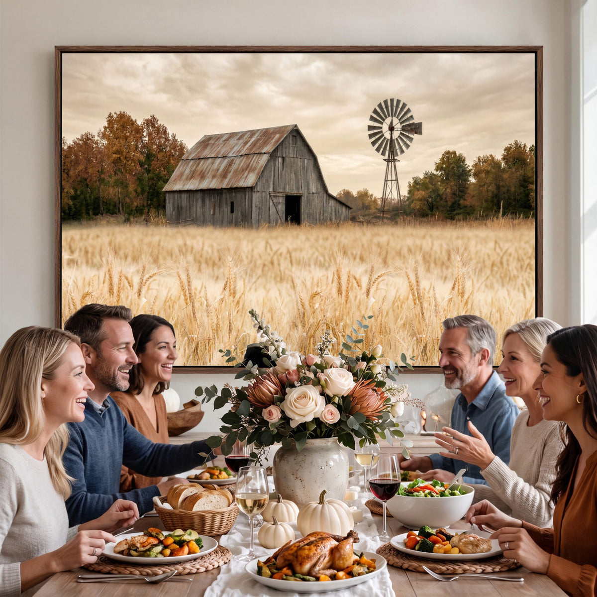 99640659-MGV-CV-36X24 - Rustic Farmhouse Barn and Windmill Wall Art Canvas Print, Country Landscape Photography Print
