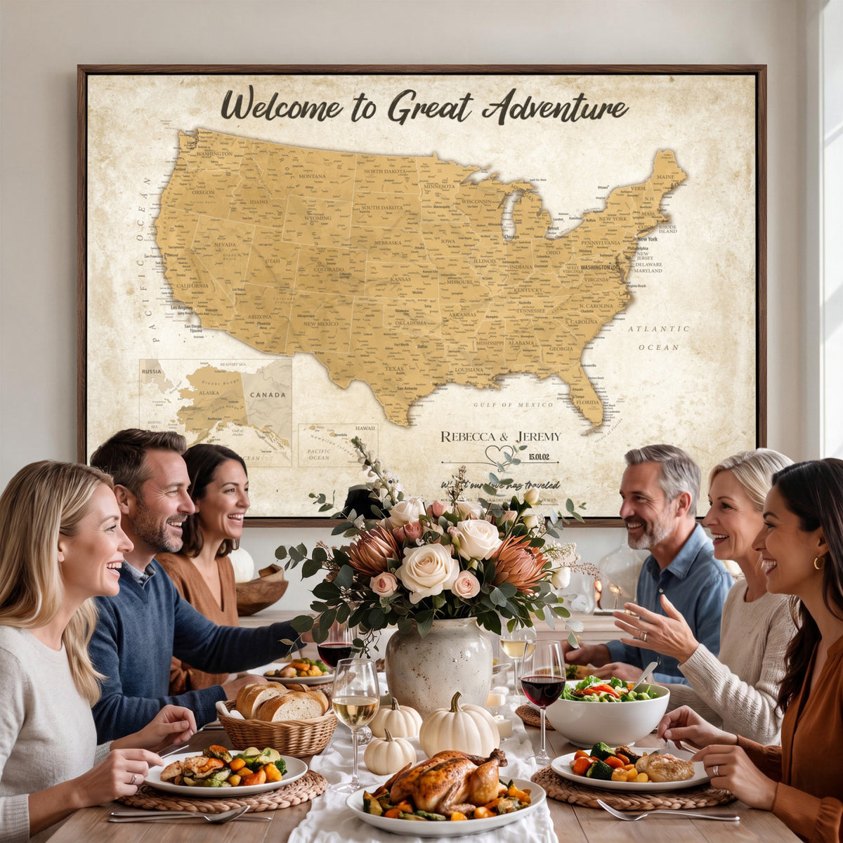 81437082-MGV-CV-36X24 - Custom Push Pin Travel USA Map Canvas Print, Cream Personalized Travel Tracker America Map, Anniversary Traveler Gift