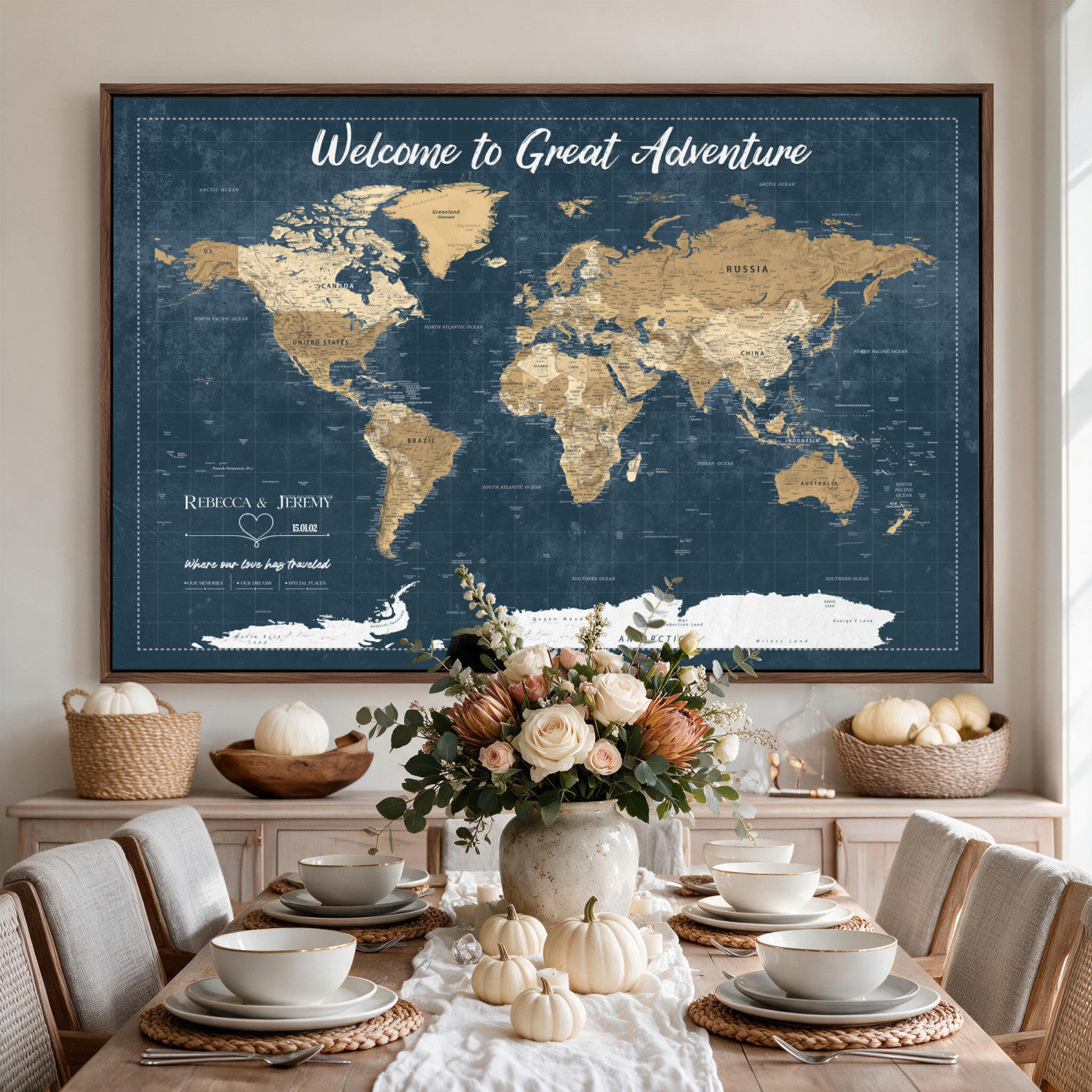 57167164-MGV-CV-36X24 - Custom Push Pin Travel Map Canvas Print, Cream Personalized Travel Tracker Map, Anniversary Gift, Vintage World Map Wall Art