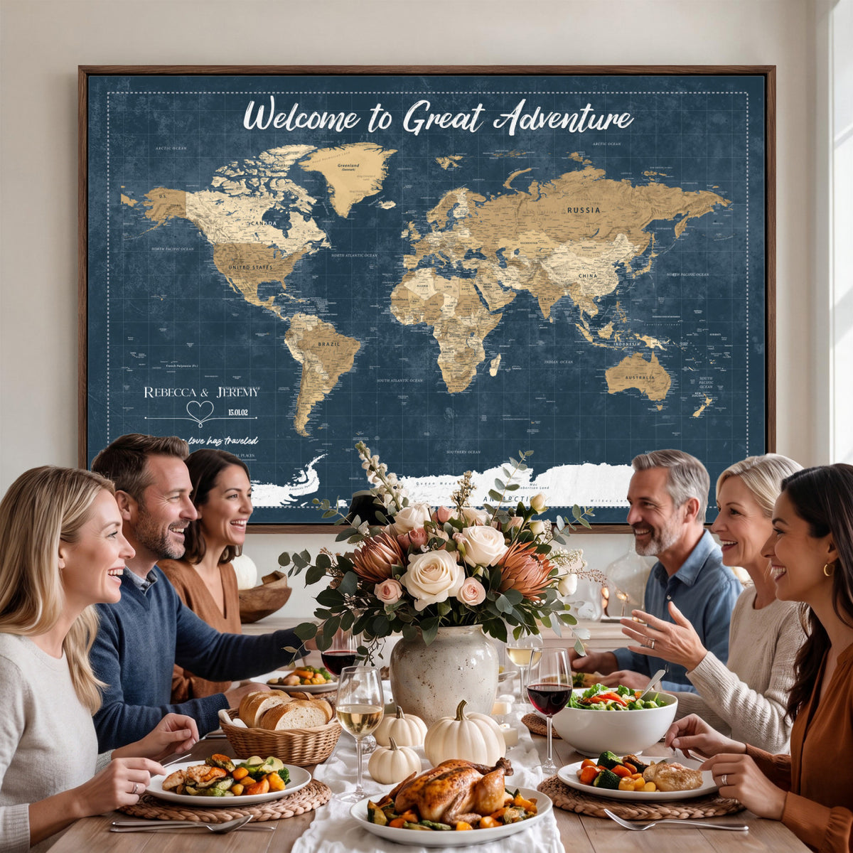 57167164-MGV-CV-36X24 - Custom Push Pin Travel Map Canvas Print, Cream Personalized Travel Tracker Map, Anniversary Gift, Vintage World Map Wall Art