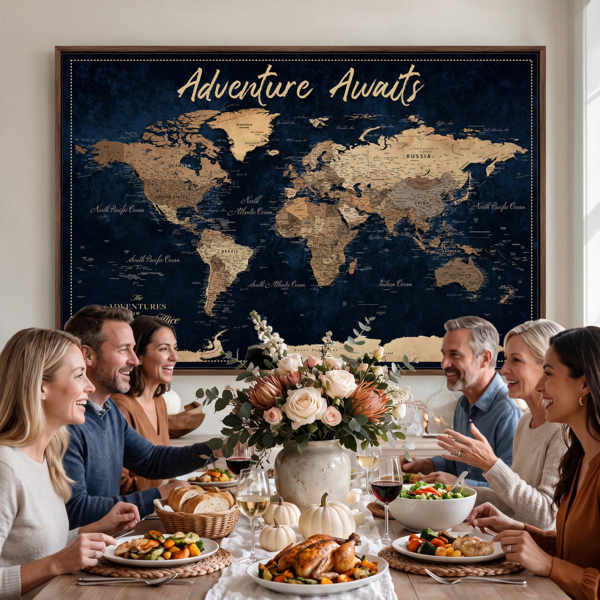 57167164-MGV-CV-36X24 - Custom Push Pin Travel Map Canvas Print, Navy Blue Personalized Travel Tracker Map, Anniversary Gift, Vintage World Map Wall Art
