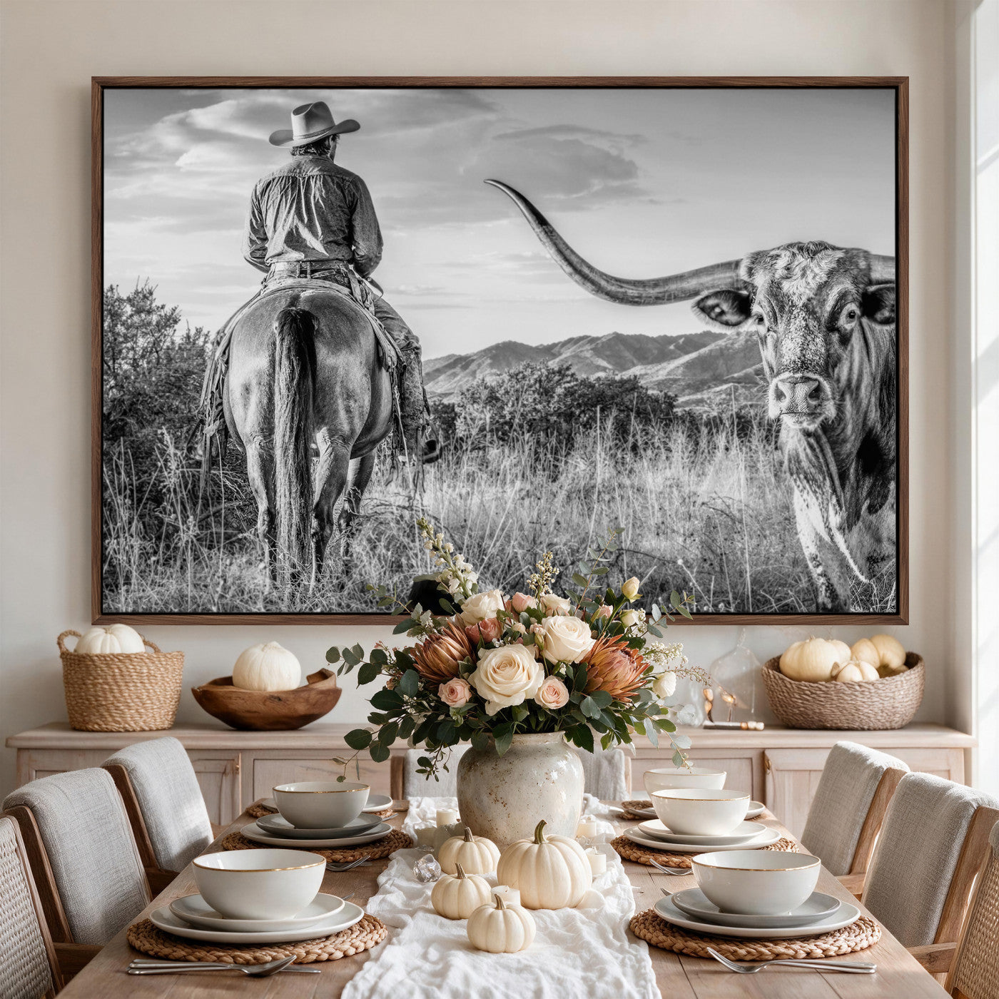 62076449WB-MGV-CV-36X24 - Texas Cowboy and Longhorn Bull Print for Western Wall Art Decor for Farmhouse