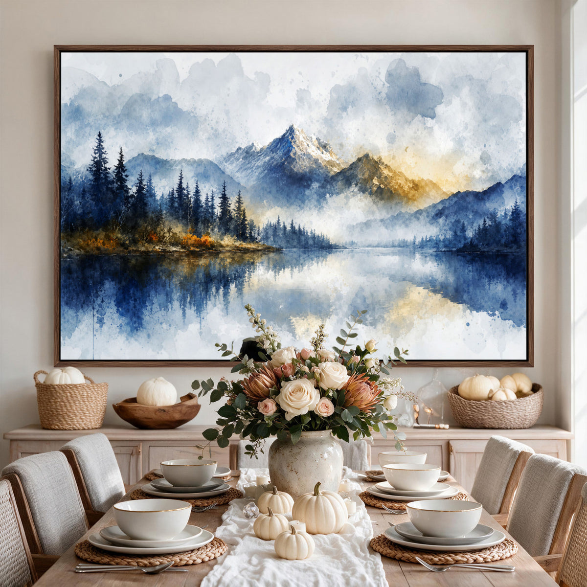 62076449DG-MGV-CV-36X24 - Abstract Watercolor Mountain Lake Wall Art Print for Living Room Decor