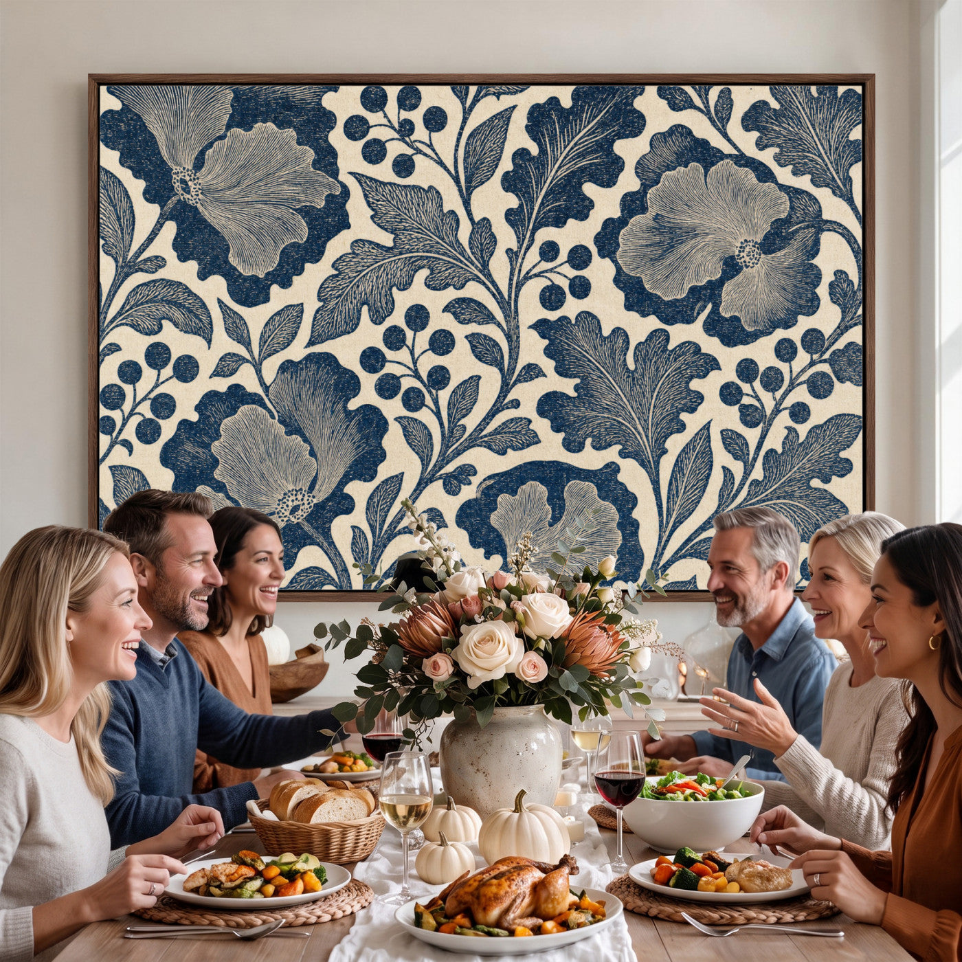 23824002-MGV-CV-36X24 - William Morris Style Navy Blue Floral Wall Art Canvas Print, Vintage Cream Botanical Painting Print