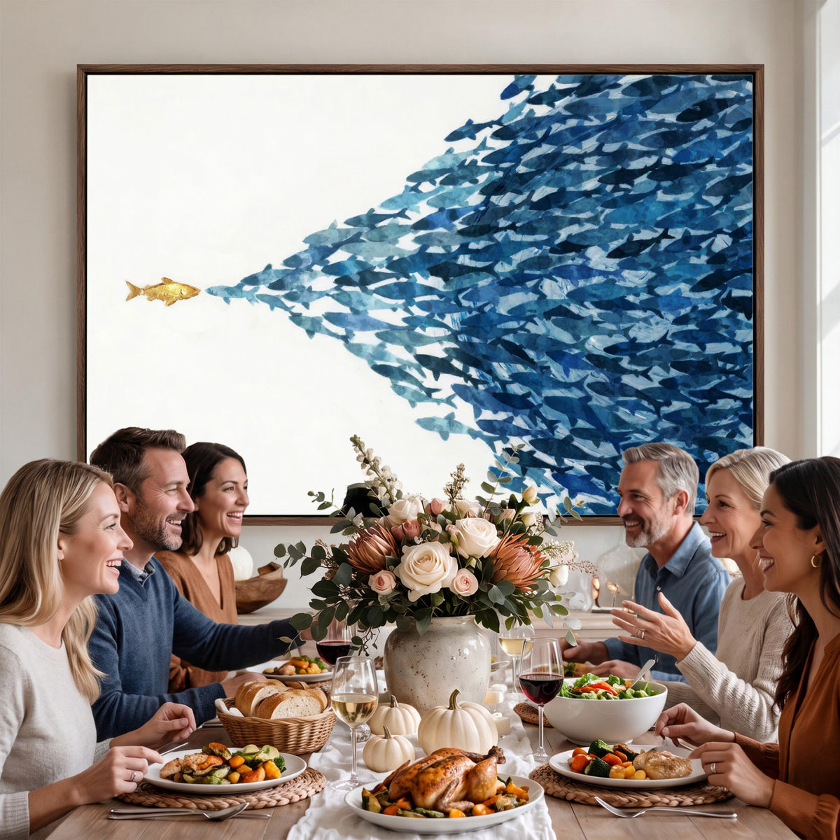 79089639-MGV-CV-36X24 - Abstract Blue Fish School Canvas Wall Art, Gold Foil Accent Marine Print