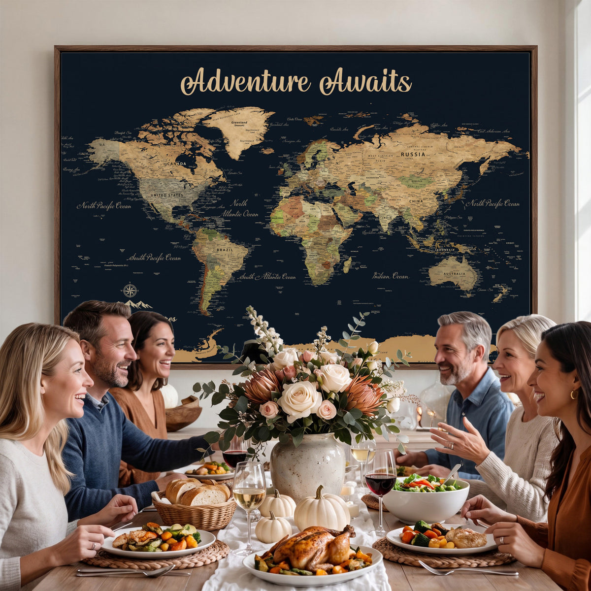 88994085-MGV-CV-36X24 - Our Family Adventures Push Pin World Map Wall Art Canvas Print - Family Travel Tracker Map with Pins