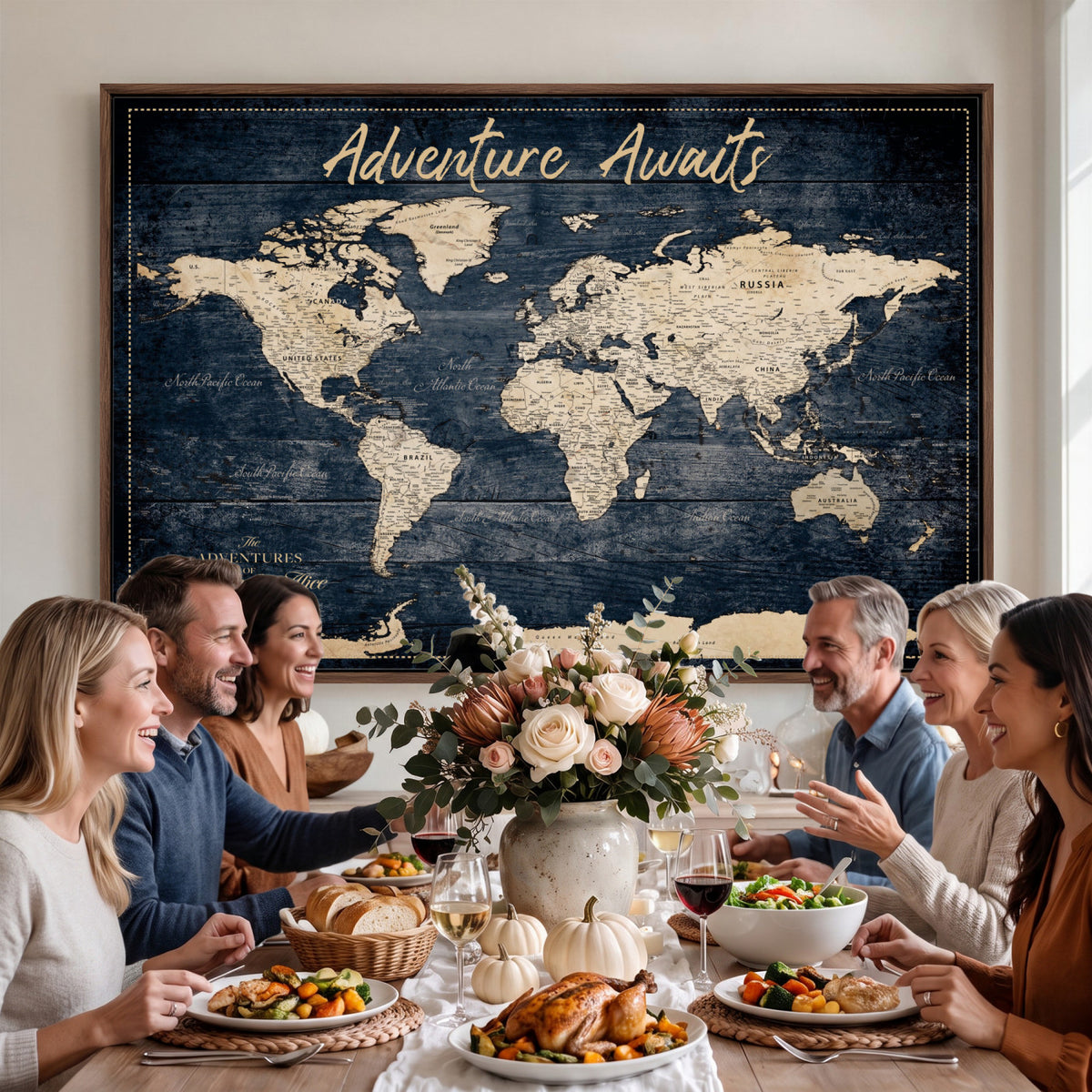 68817382-MGV-CV-36X24 - Extra Large Vintage Personalized Push Pin World Map Wall Art Canvas Print