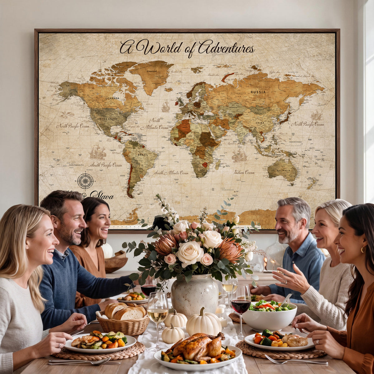 88768647-MGV-CV-36X24 - Extra Large Framed Personalize Push Pin World Map Wall Art Canvas Print for Travel Tracking
