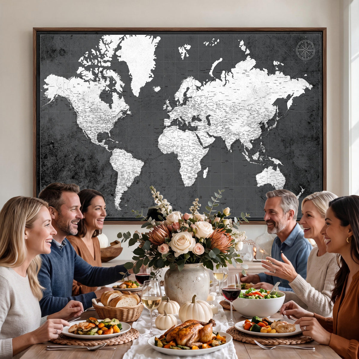 78574966-MGV-CV-36X24 - Extra Large Framed Personalize Push Pin World Map Wall Art Canvas Print for Travel Tracking