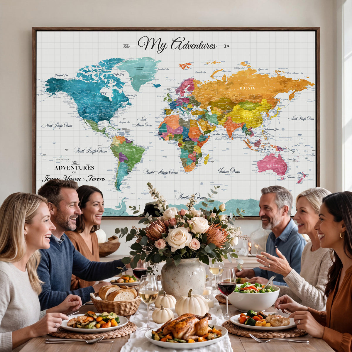 66743043-MGV-CV-36X24 - Extra Large Framed Personalize Push Pin World Map Wall Art Canvas Print for Travel Tracking