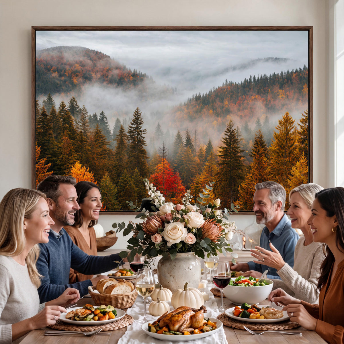 87481341-_Poster-30x20 - Foggy Autumn Mountain Canvas Print Smoky Pine Forest Wall Art Panoramic Nature Poster 3 Piece Made in USA