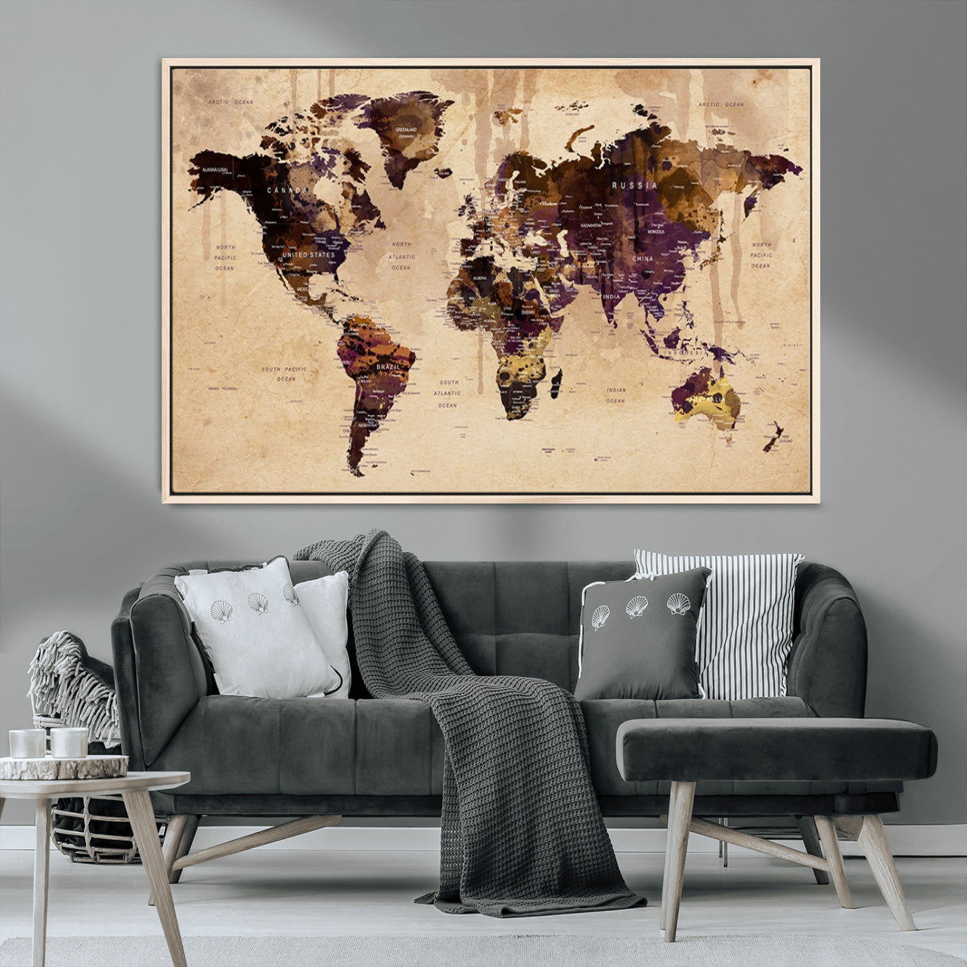 47333-MGV-CV-36X24-Vintage World Map Canvas Wall Art – Framed Push Pin Travel Map for Home and Office Decor
