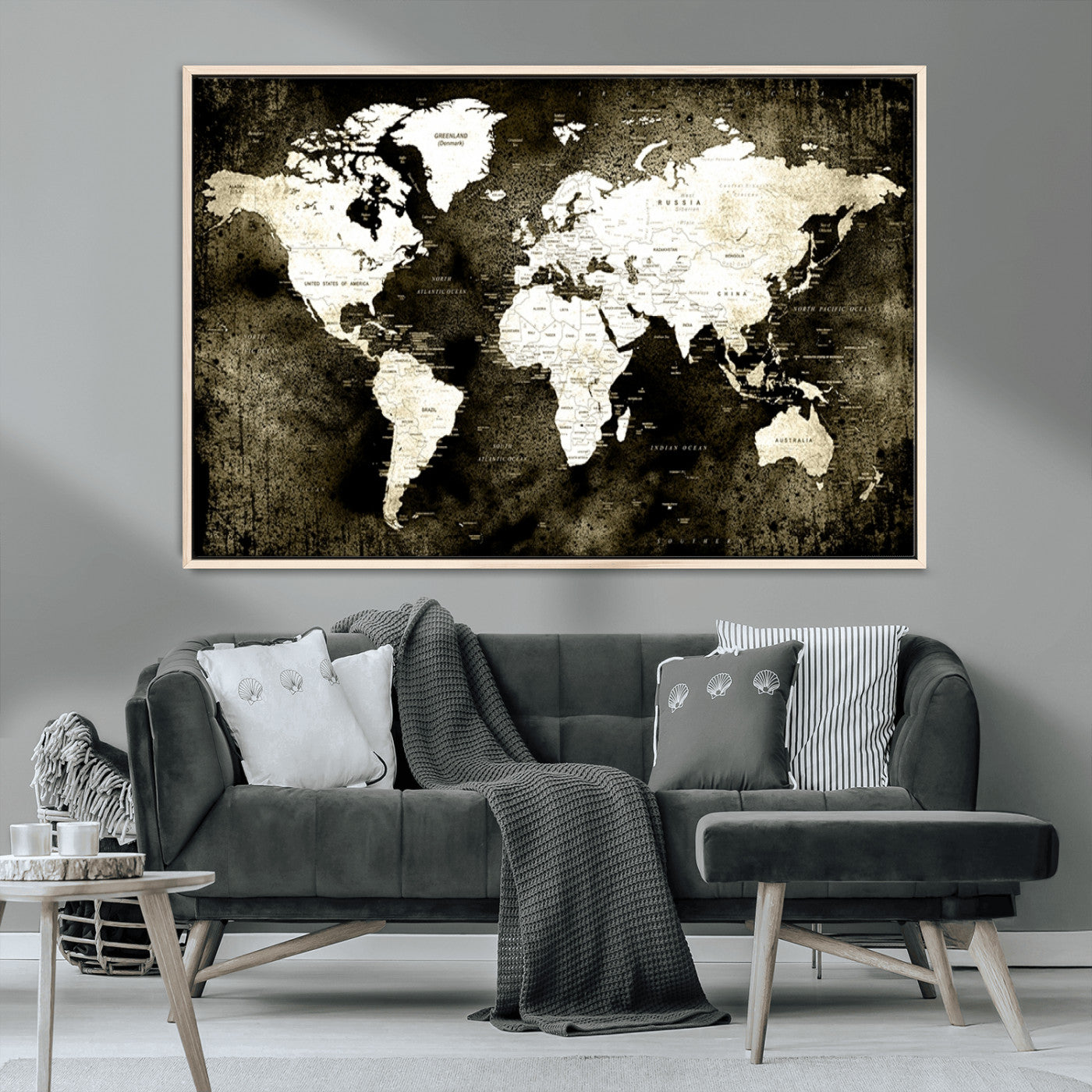 66737-MGV-CV-36X24-Vintage World Map Canvas Wall Art – Framed Push Pin Travel Map for Home and Office Decor, Rustic Wall Artwork for Travelers