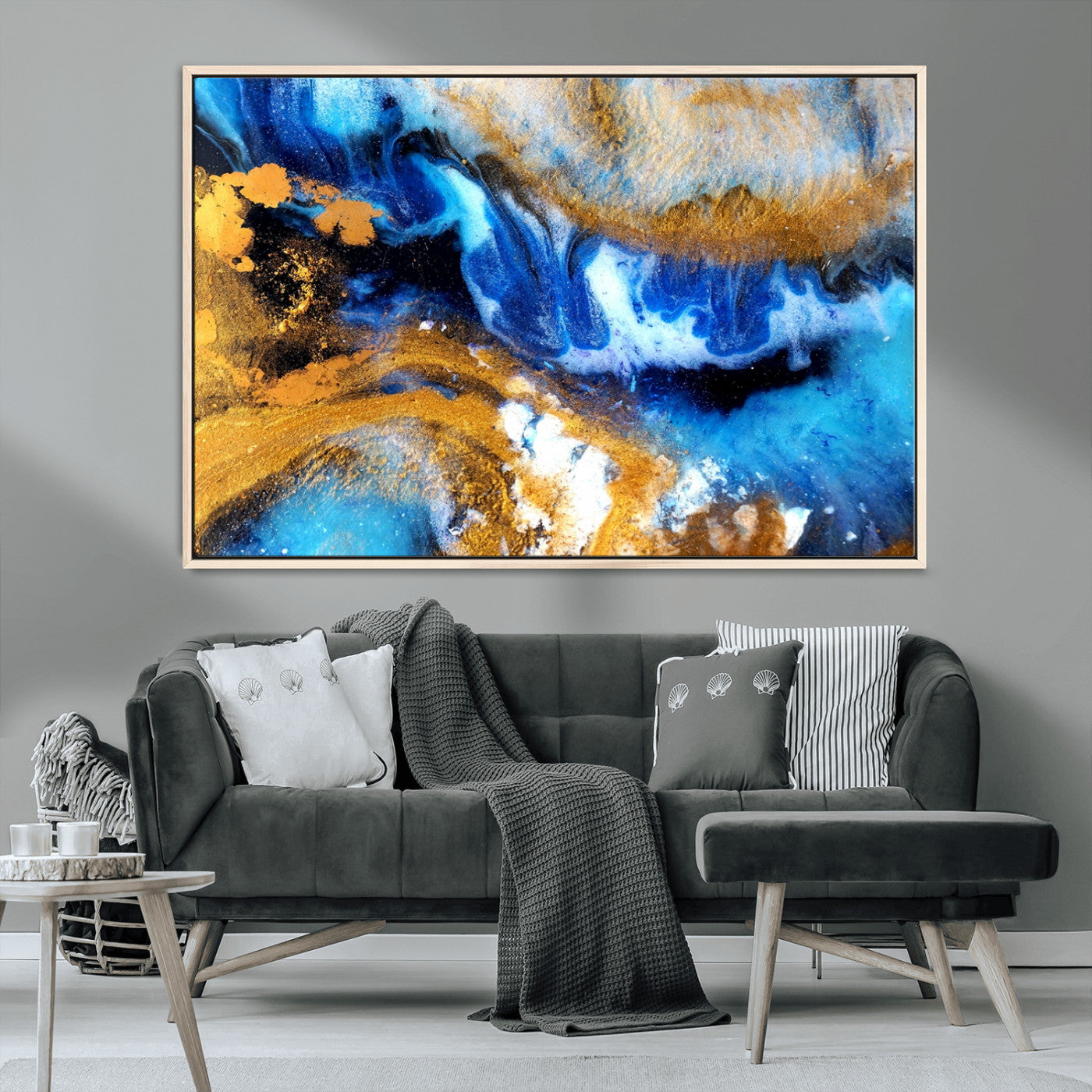 42100-MGV-CV-36X24-Blue Orange Marble Fluid Effect Canvas Wall Art Print