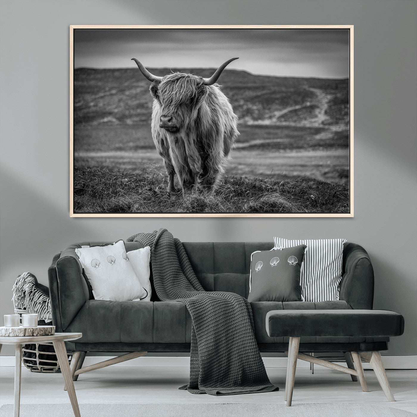 42995-MGV-FC-36X24_Natural-Fluffy Cattle Wall Art Print, Highland Cow Canvas, Framed Black and white Wall Art