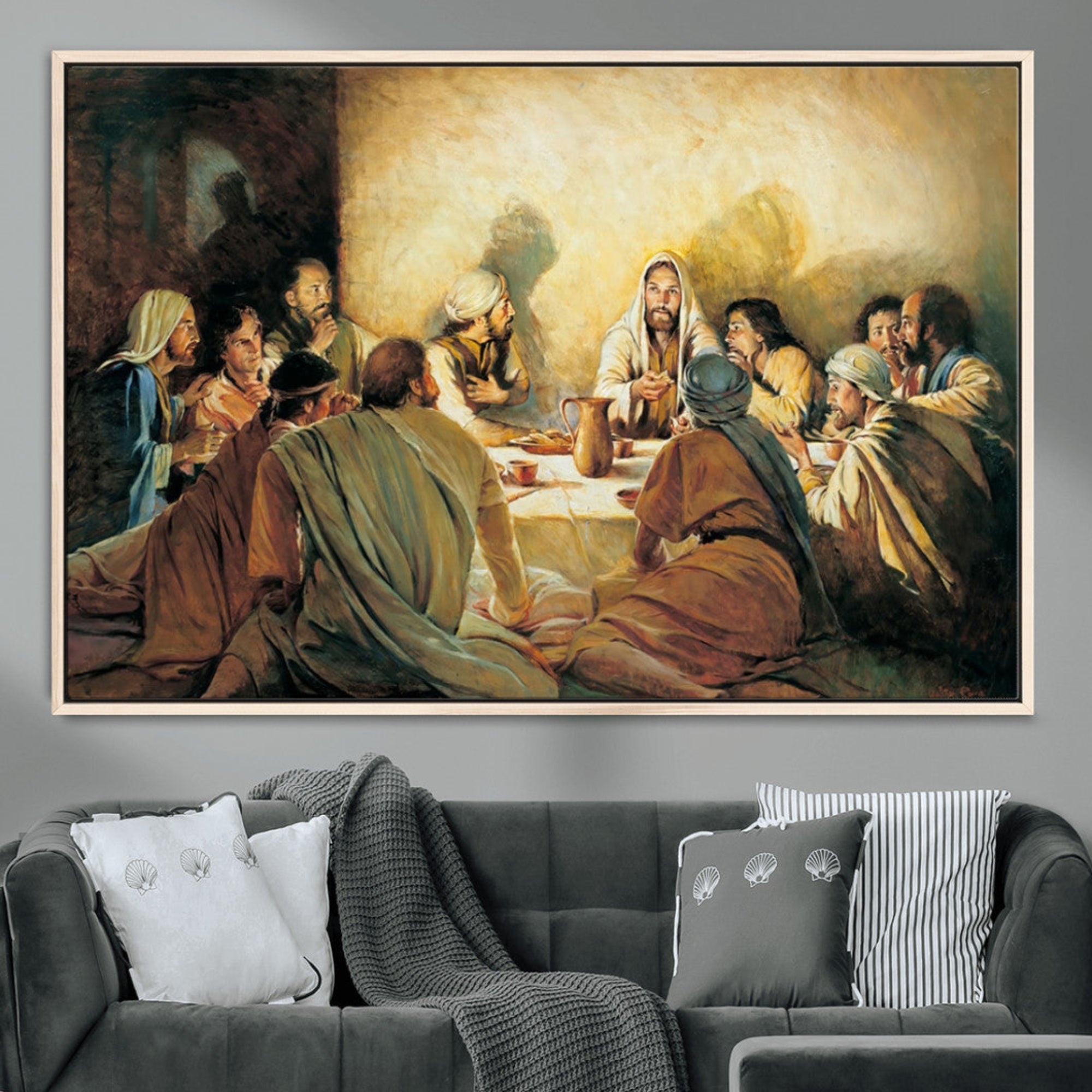 Framed canvas print of the Last Supper, depicting Jesus and his disciples, perfect for religious or Christian-themed home decor.