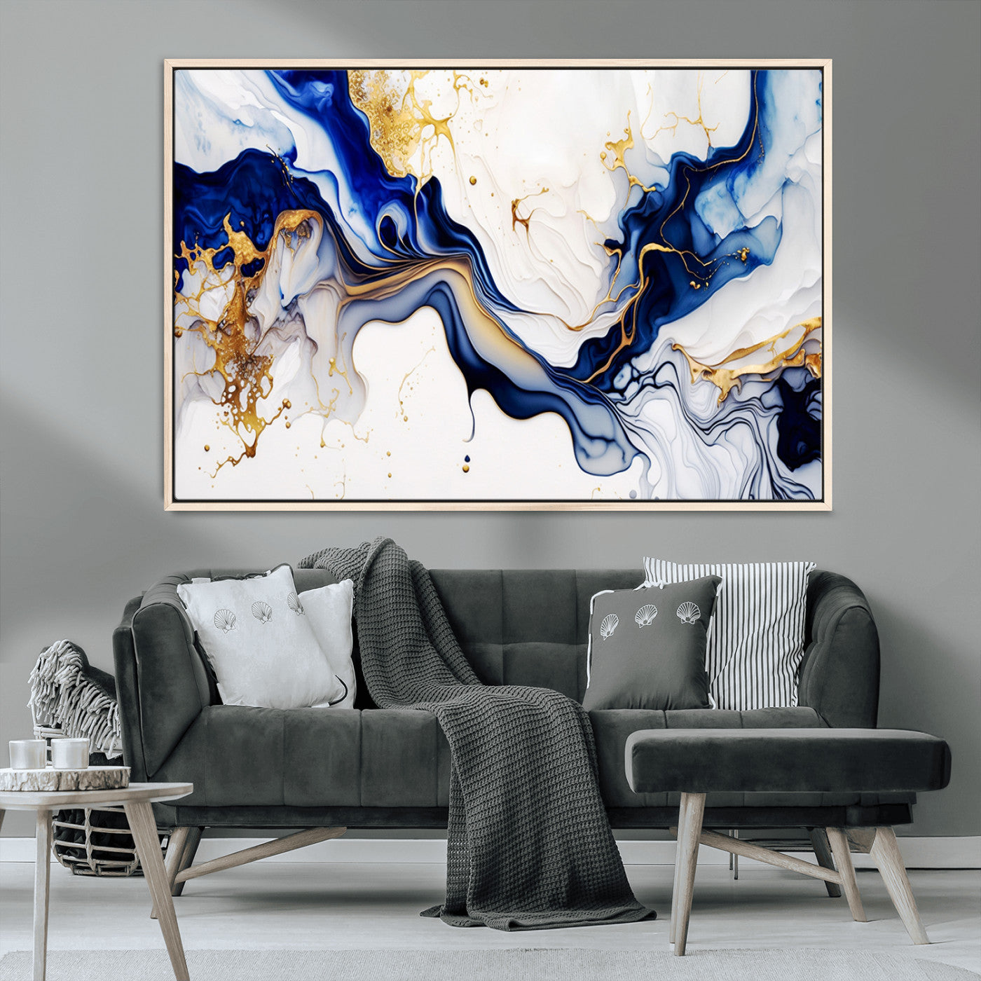 93392-MGV-CV-36X24-Golden Cascades on Midnight Blue – Deep Blue Abstract Wall Art Flowing Elegance | Wall Art Canvas,