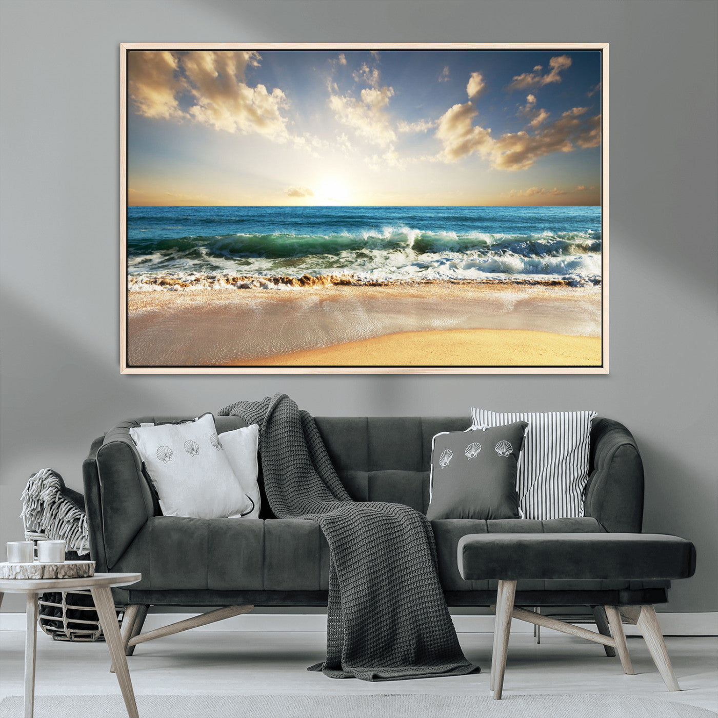83376-MGV-CV-36X24-Golden Sunset Beach Triptych Canvas Wall Art for Living Room – 3-Panel Ocean View, Framed & Ready to