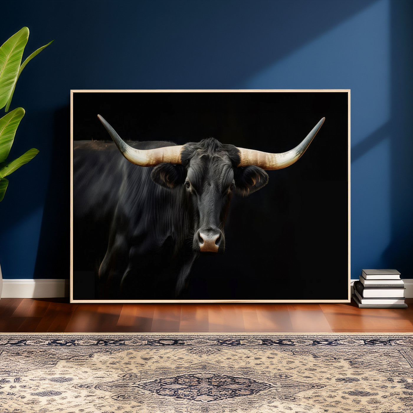 63798-MGV-CV-36X24 - Texas Longhorn Cow | Majestic Black Bull Wall Art Canvas Print - Farmhouse Animal Decor - Ready to