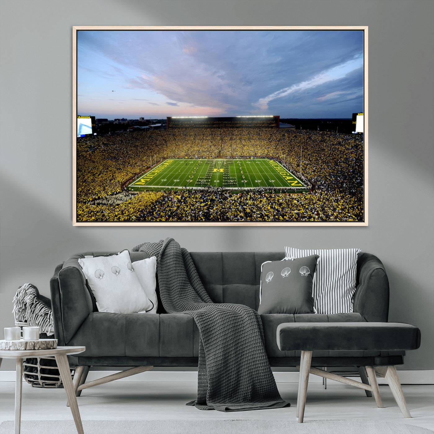 82641-MGV-CV-36X24-Michigan Stadium Wall Art Canvas Print – Framed Football Field Scene with Marching Band Artwork for Home, Office