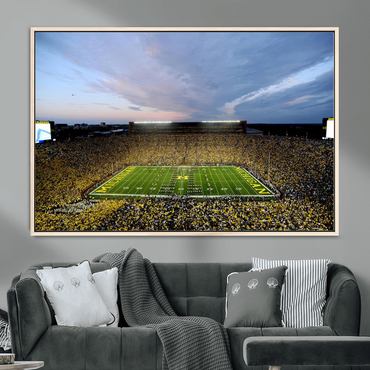 82641-MGV-FC-36X24 - Michigan Stadium Wall Art Canvas Print, Vibrant Game Day Crowd and Sunset Sky Football Field Artwork for Home, Office