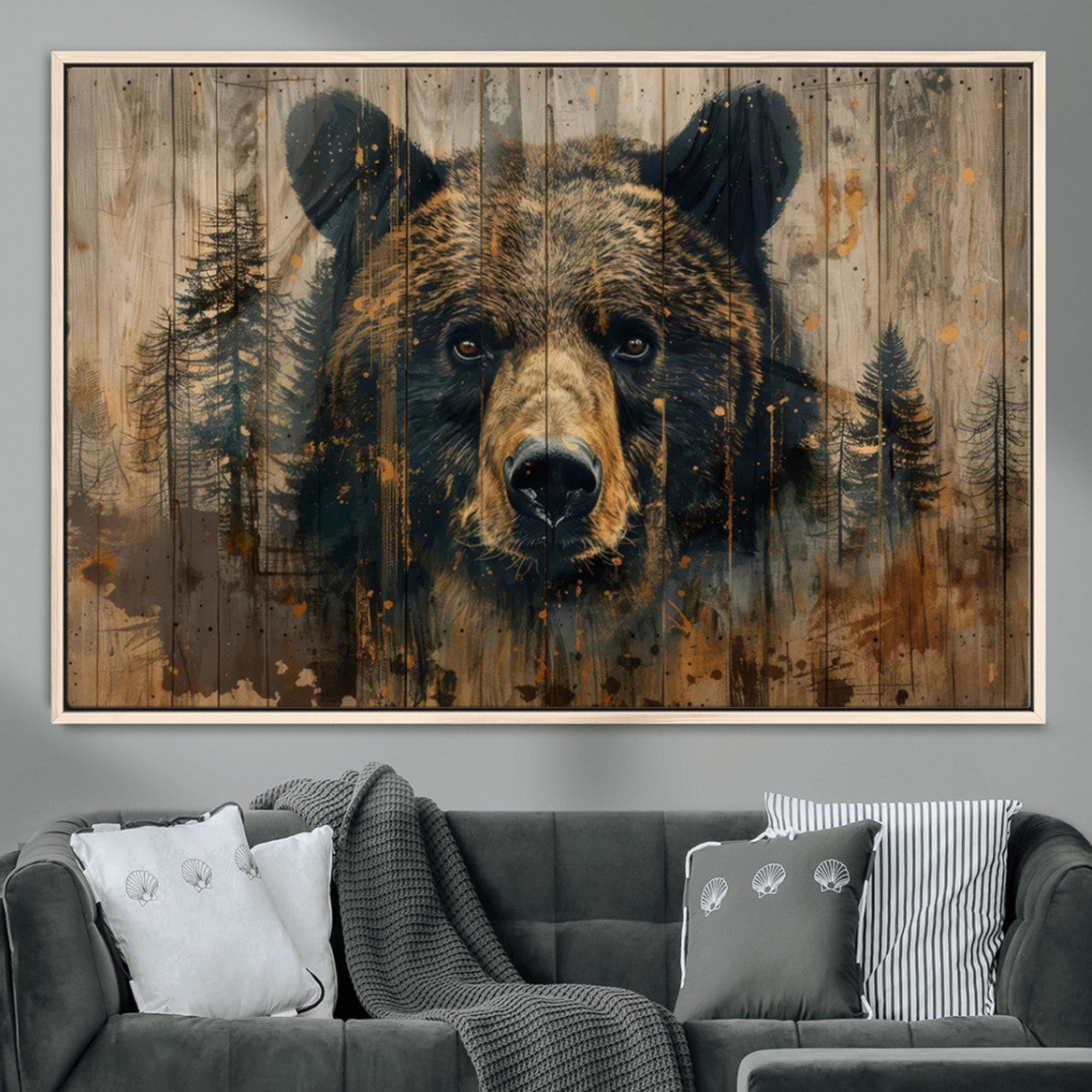 51373-MGV-CV-36X24-Abstract 399 Bear Wall Art | Rustic Cabin Wall Decor with Forest Design | Framed and Ready to Hang |
