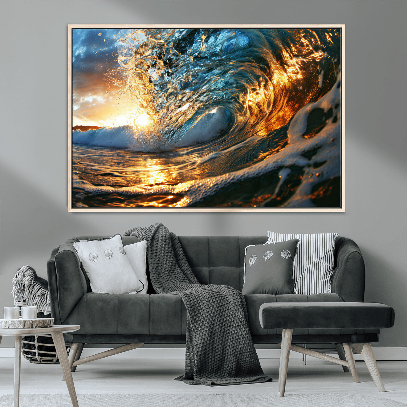 41370-MGV-CV-36X24-Ocean Wave at Sunset Canvas Wall Art – Vibrant Coastal Beach Waves Print, Large Nautical Decor,