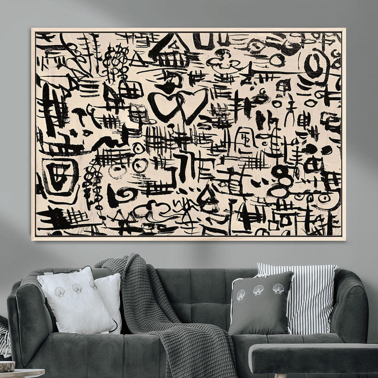 68273-MGV-FC-36X24 - Abstract Love and Chaos Canvas Print, Black Symbols on Beige