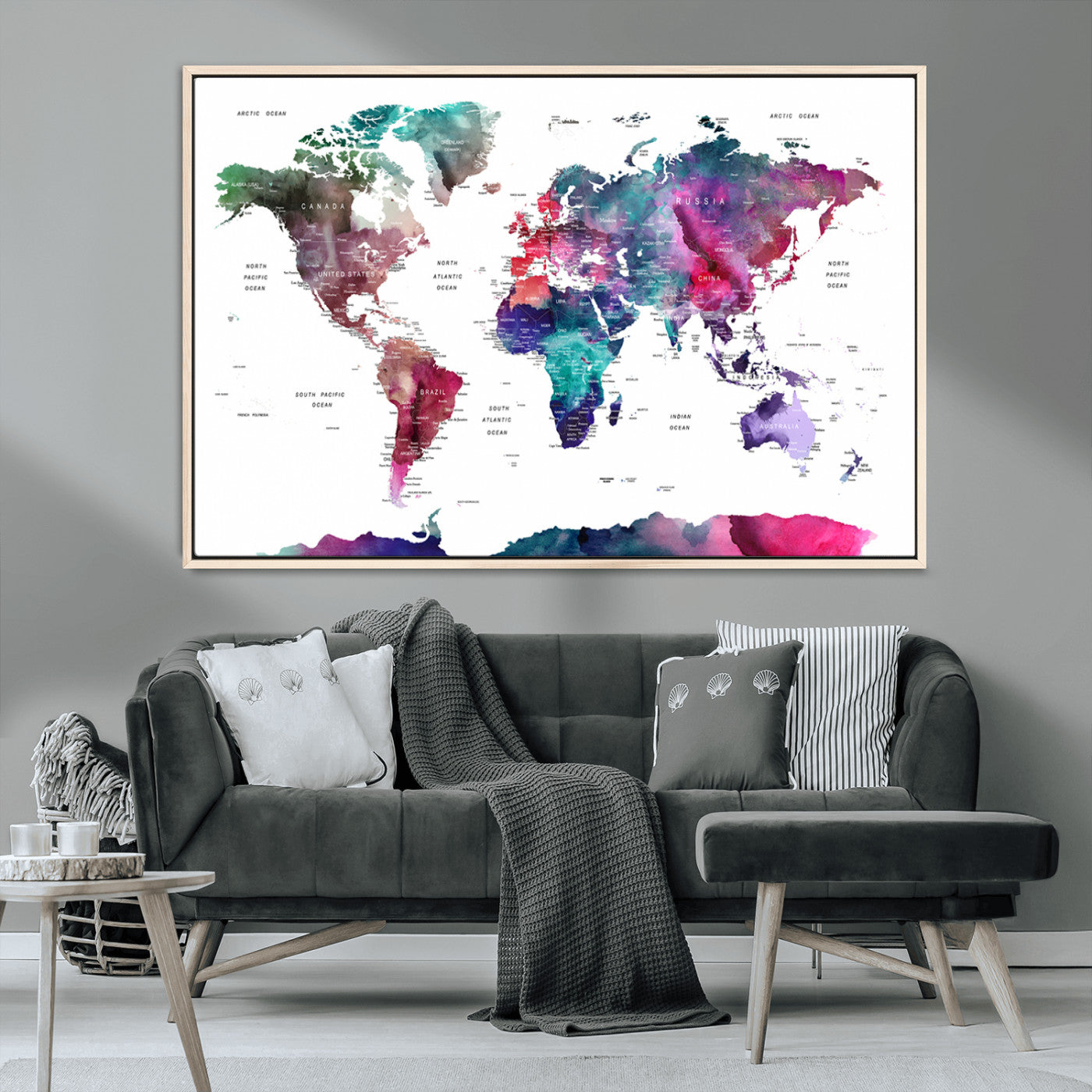 78176-MGV-CV-36X24-Colorful Watercolor World Map Canvas Wall Art – Framed Modern Map Print, Vibrant Travel Inspired Artwork for Home and Office Decor