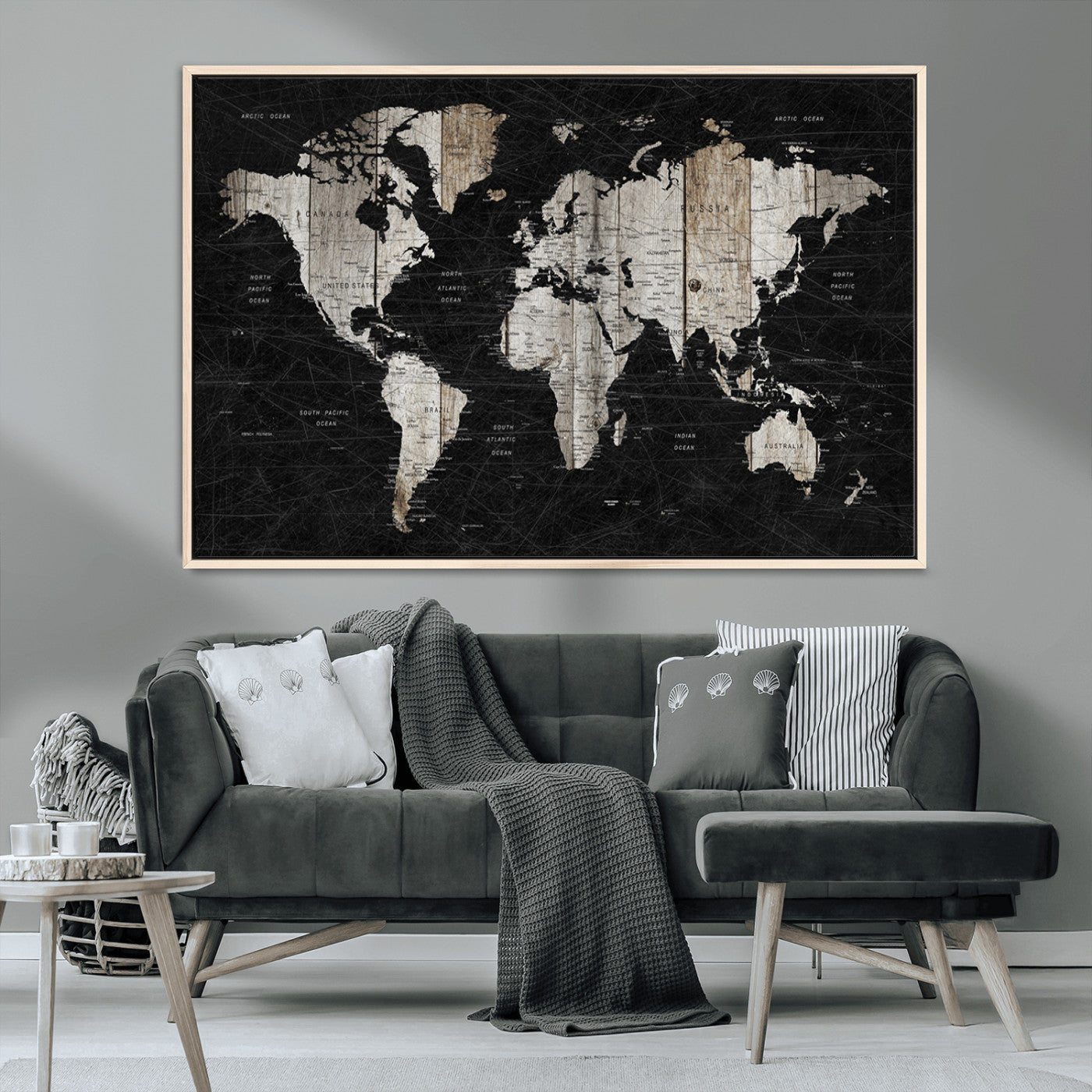49500-MGV-CV-36X24-Push Pin World Map Canvas Print – Framed Travel Map Wall Art for Couples, Anniversary Gift, Modern Home or Office Decor
