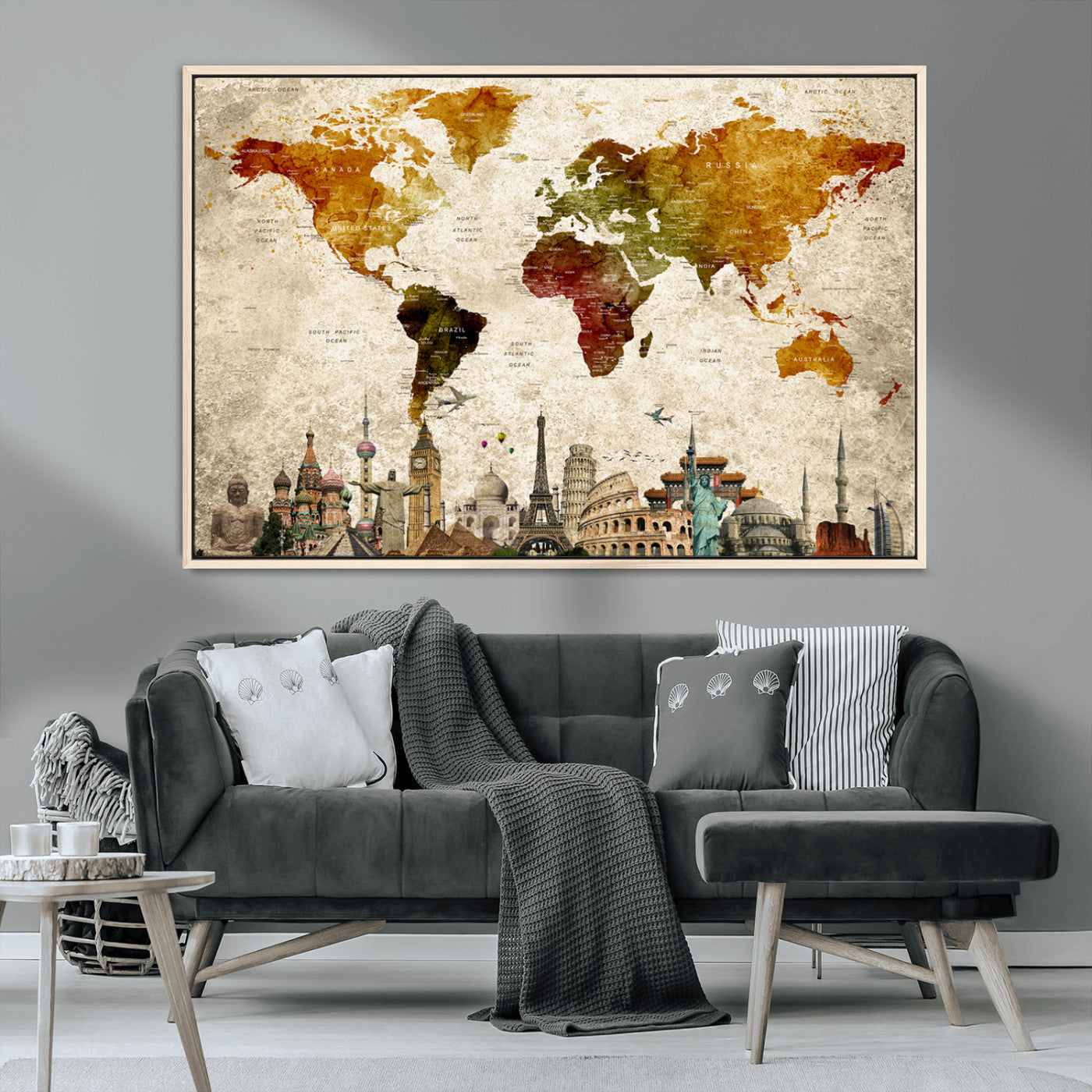 -Push Pin World Map Canvas Print – Framed Travel Map Wall Art for Couples, Anniversary Gift, Modern Home or Office Decor