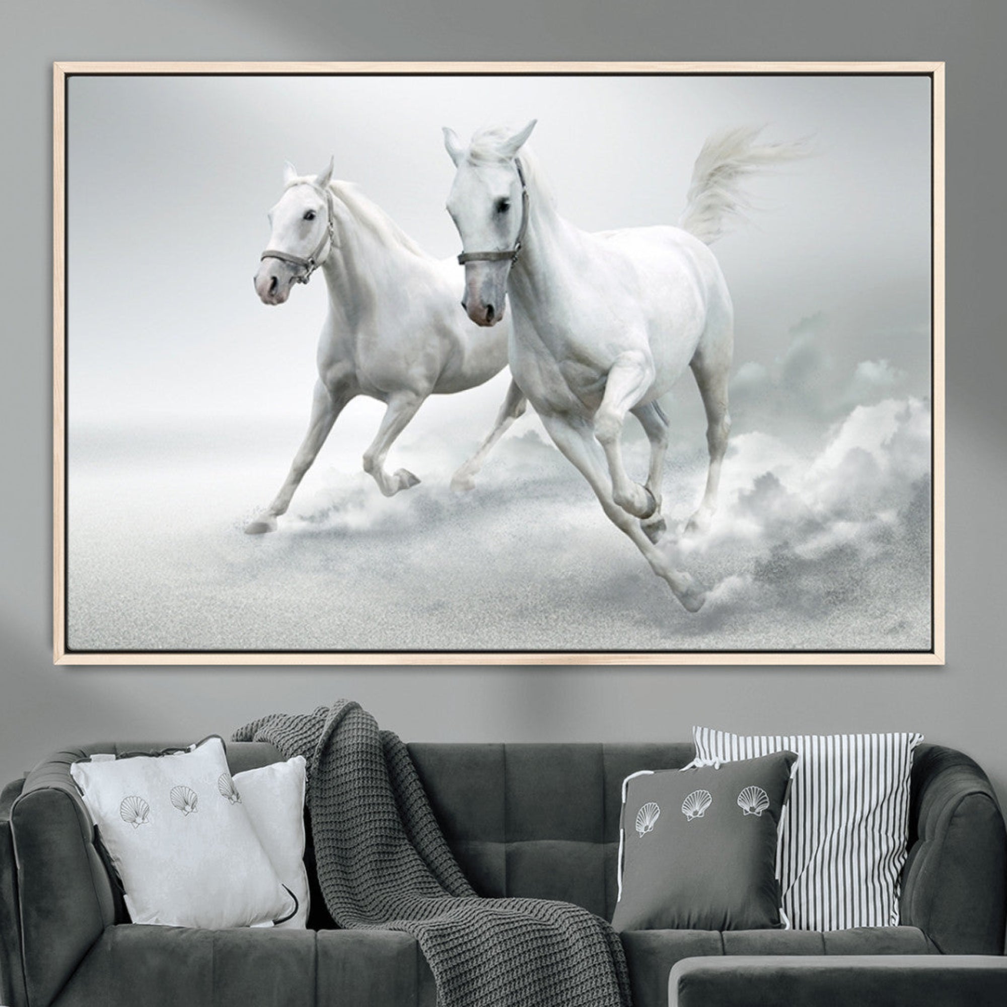 -Large Wall Art Canvas Print – Beautiful Running White Horses Animal Artwork for Home, Office, Living Room