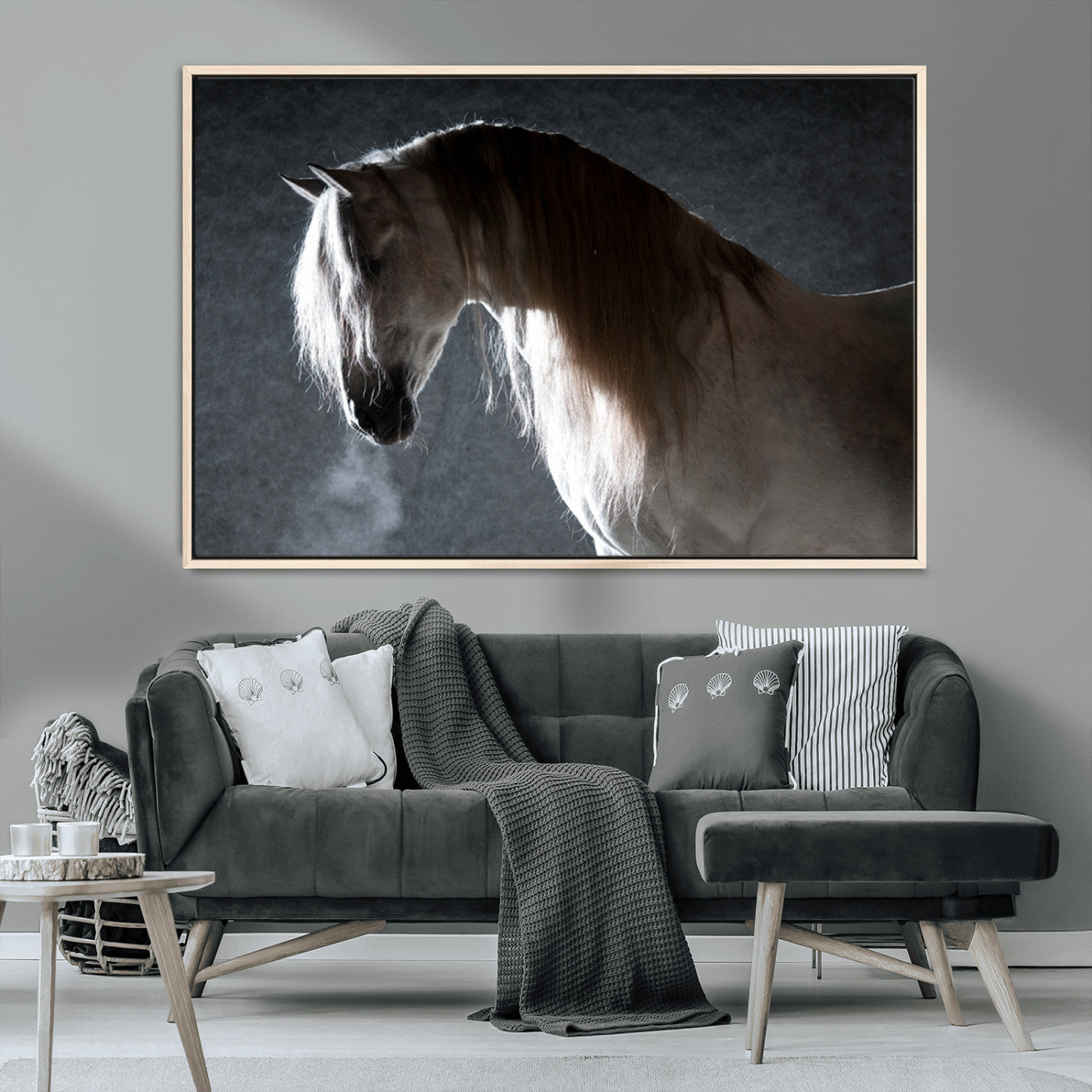 -Large Wall Art Cream Colored Horse on Grey Background Canvas Print