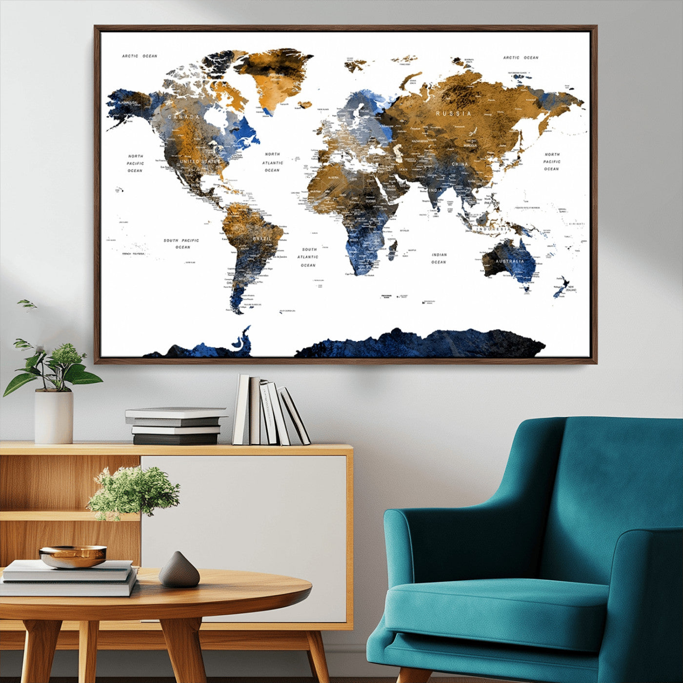 56231-MGV-CV-36X24-Navy and Gold World Map Canvas Wall Art – Framed Modern World Map Print, Elegant Travel Inspired Artwork for Home and Office Decor