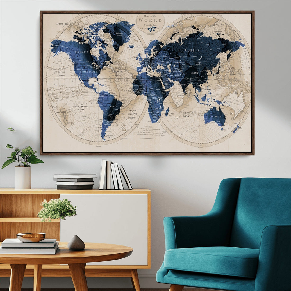 Vintage Blue World Map Canvas Wall Art | Antique Style Framed Map Print