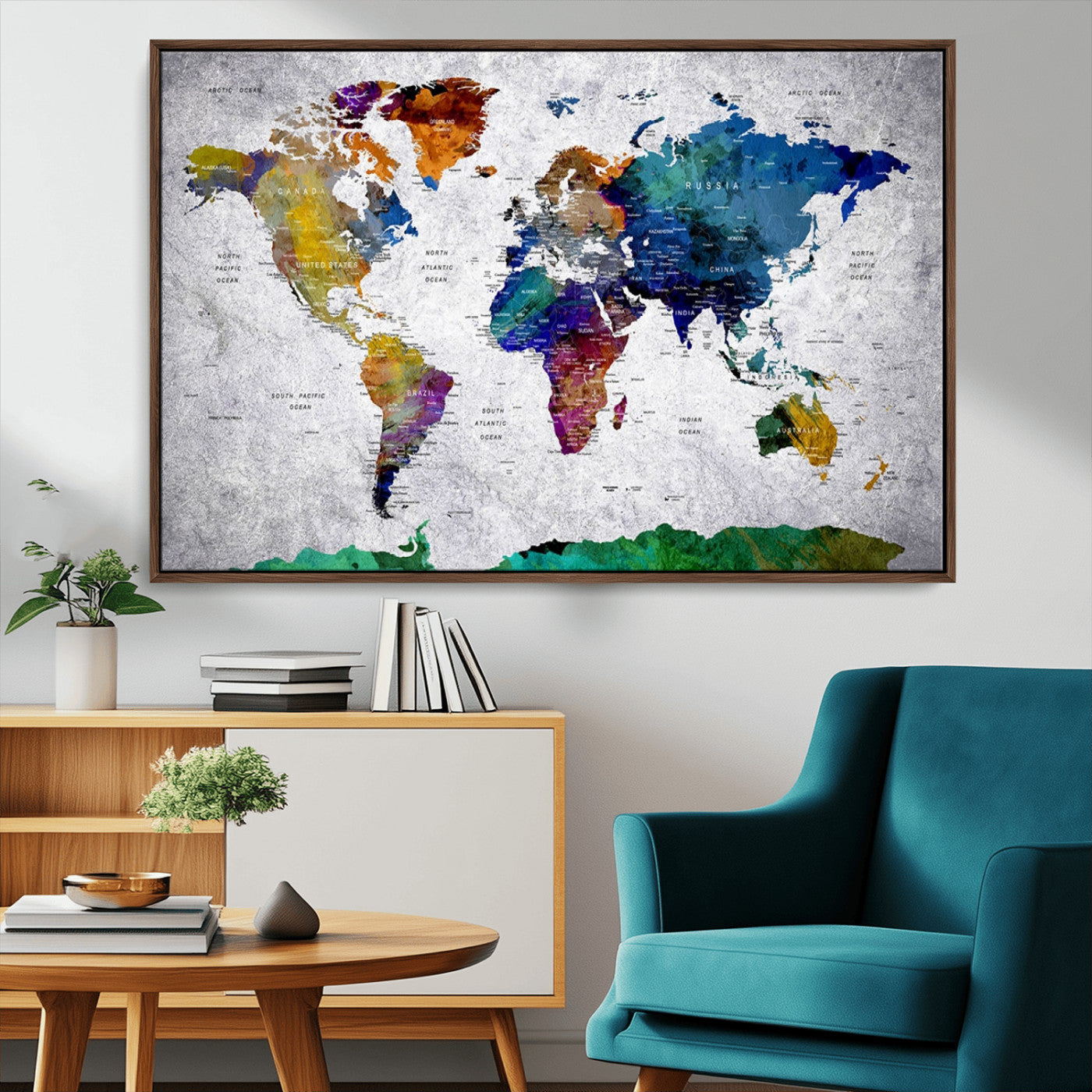 26840-MGV-CV-36X24-Push Pin World Map Canvas Print – Framed Travel Tracker Wall Art for Couples, Anniversary Gift and Modern Home Decor
