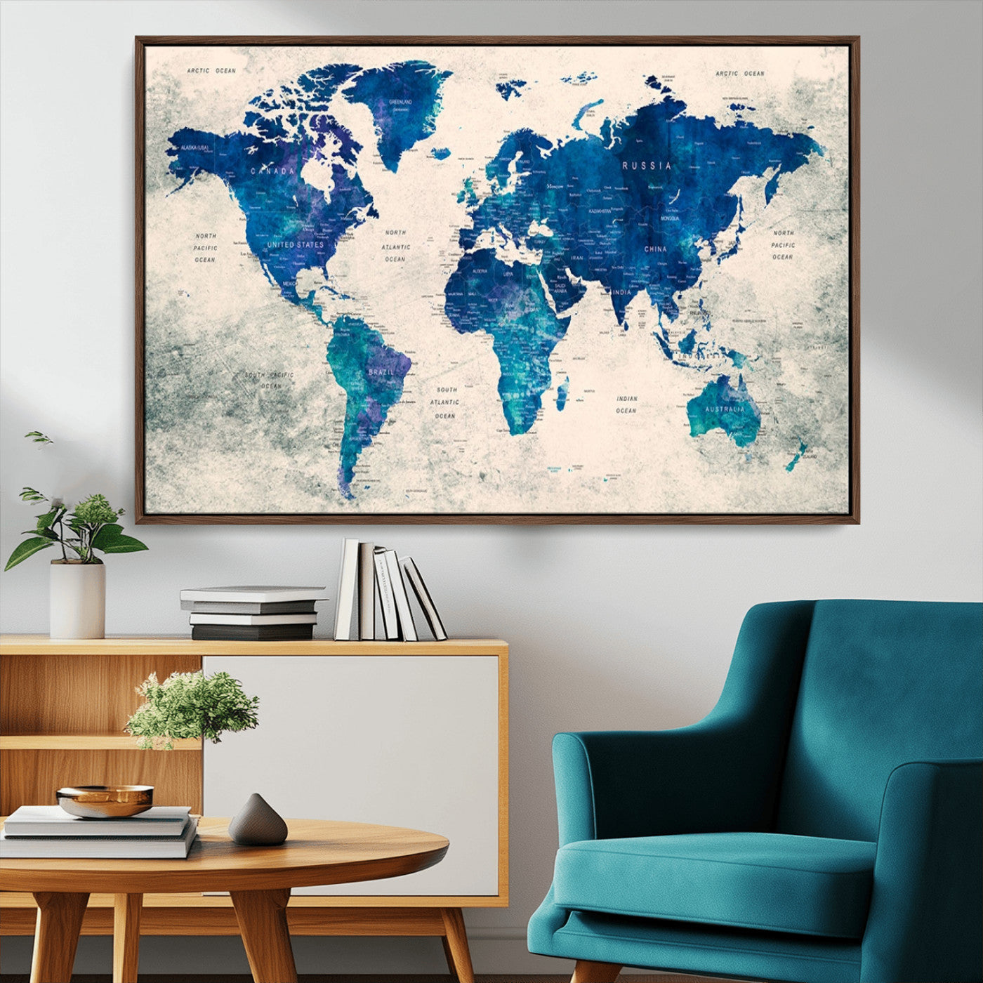 43947-MGV-CV-36X24-Blue Watercolor World Map Canvas Print – Framed Modern Wall Art, Elegant Push Pin Travel Map Decor for Home Office or Living Room