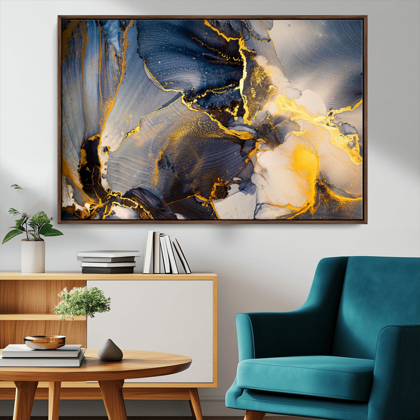42100-MGV-CV-36X24-Large Abstract Wall Art Print - Gold and Blue Abstract Canvas Wall Art | Fluid Ink Modern Luxury