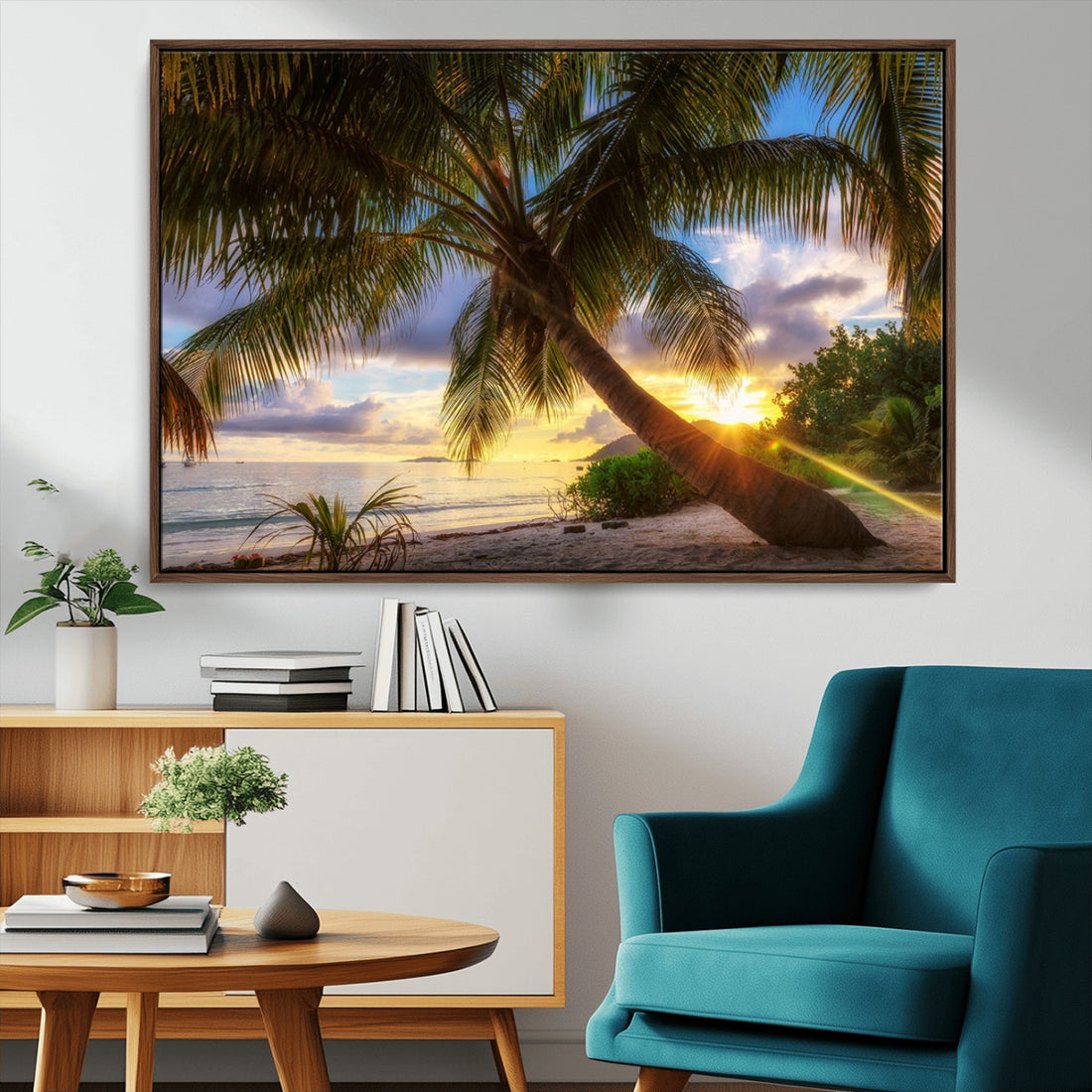 Tropical Island Sunset on the Beach Palms Wall Art Canvas Print