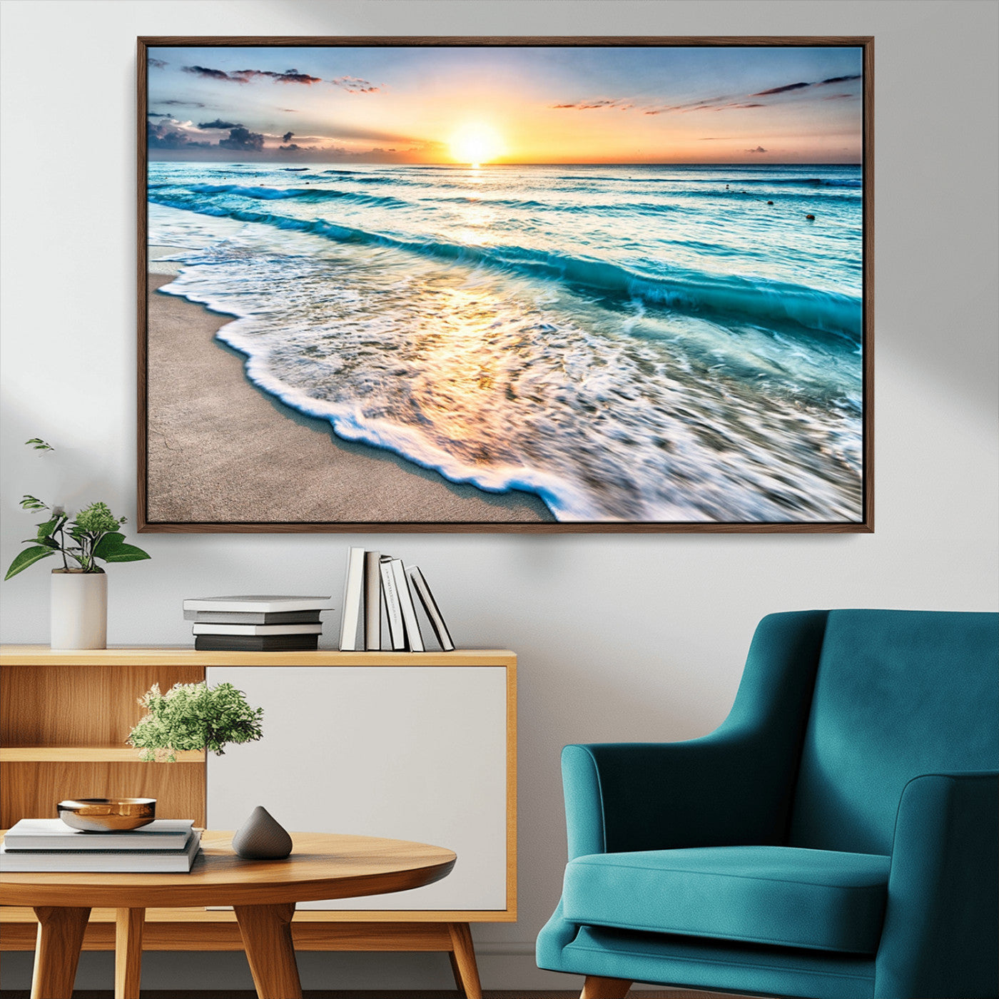 27815-MGV-CV-36X24-Sunset Beach Waves Canvas Wall Art – 5-Panel Ocean Sunset Print – Coastal Decor for Living Room or
