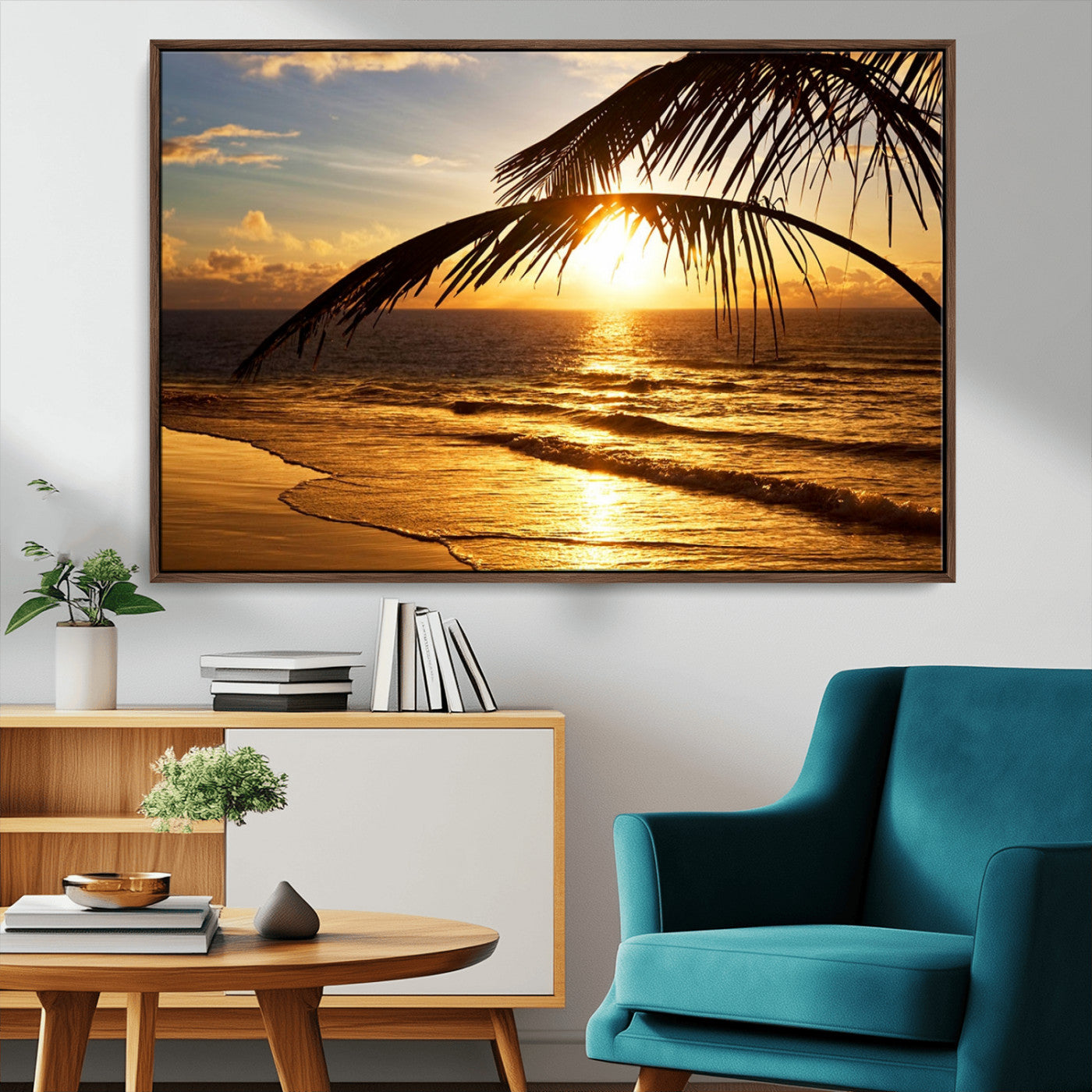 -Golden Tropical Beach Sunset Canvas Triptych, Coastal Palm Tree Wall Art, Ocean Shoreline Giclee
