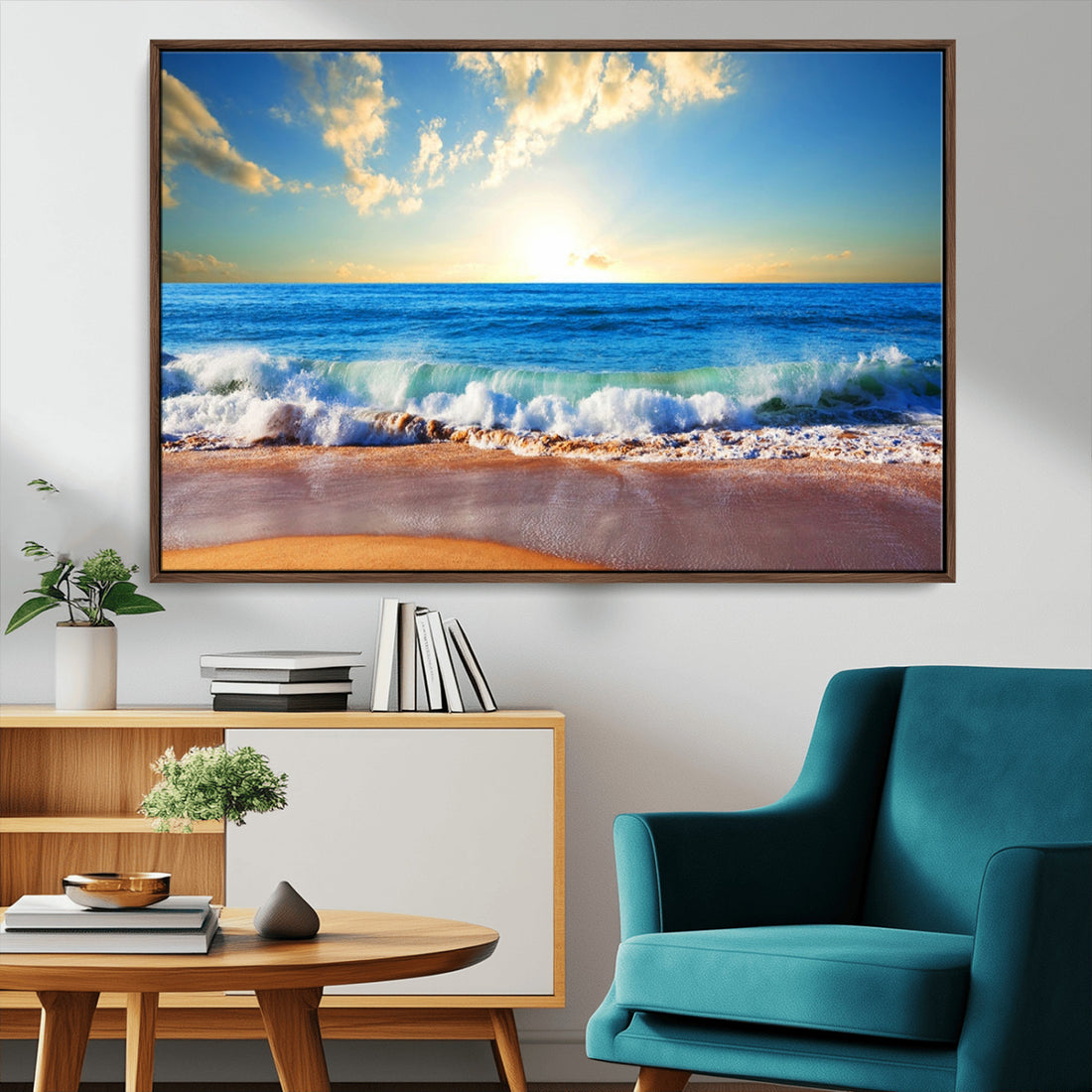 Tropical Beach Sunset Canvas Art, Ocean Waves and Sandy Shoreline Wall Art