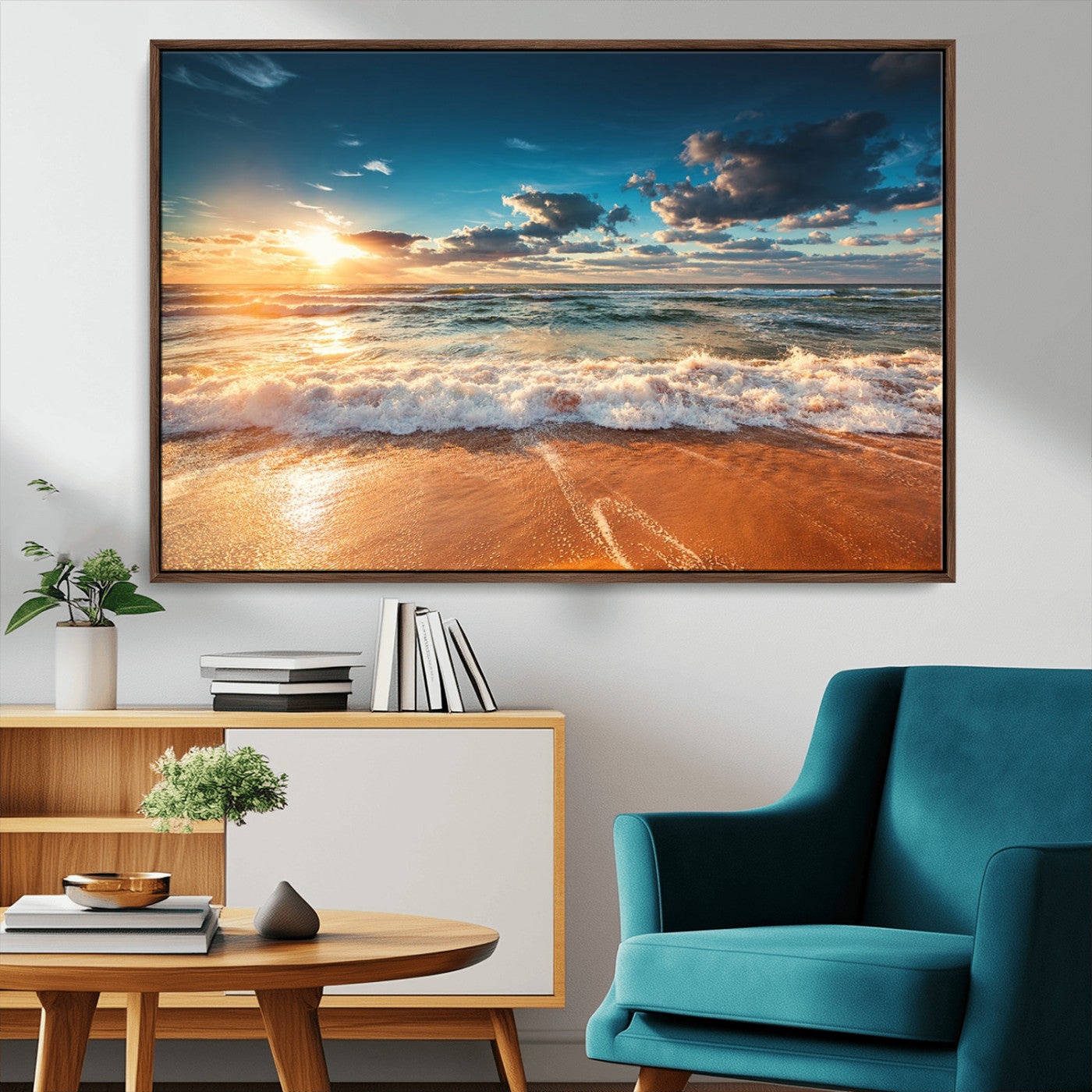 -Golden Sunset Beach Triptych Canvas Art, Giclee Coastal Wall Decor, Ocean Waves Print, Modern Beach