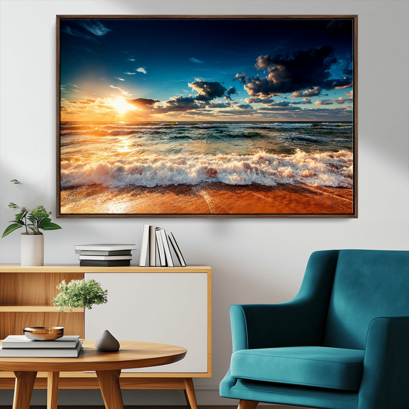 26996-MGV-CV-36X24-Golden Hour Sunset Over Ocean Waves Wall Art Canvas Print | 3 Panel Coastal Landscape Canvas Wall