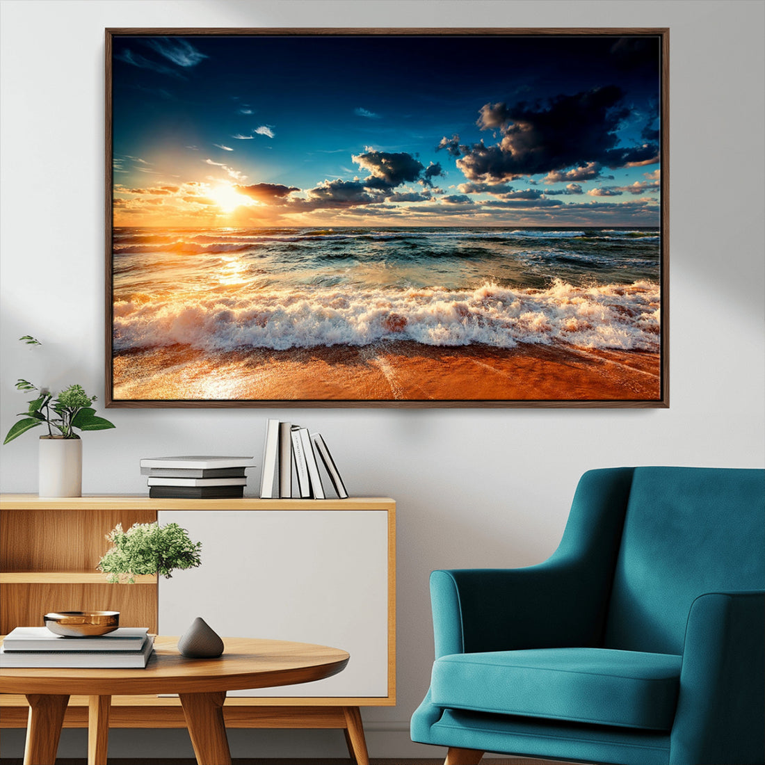 Golden Hour Sunset Over Ocean Waves Wall Art Canvas Print | Coastal Landscape Canvas Wall Art