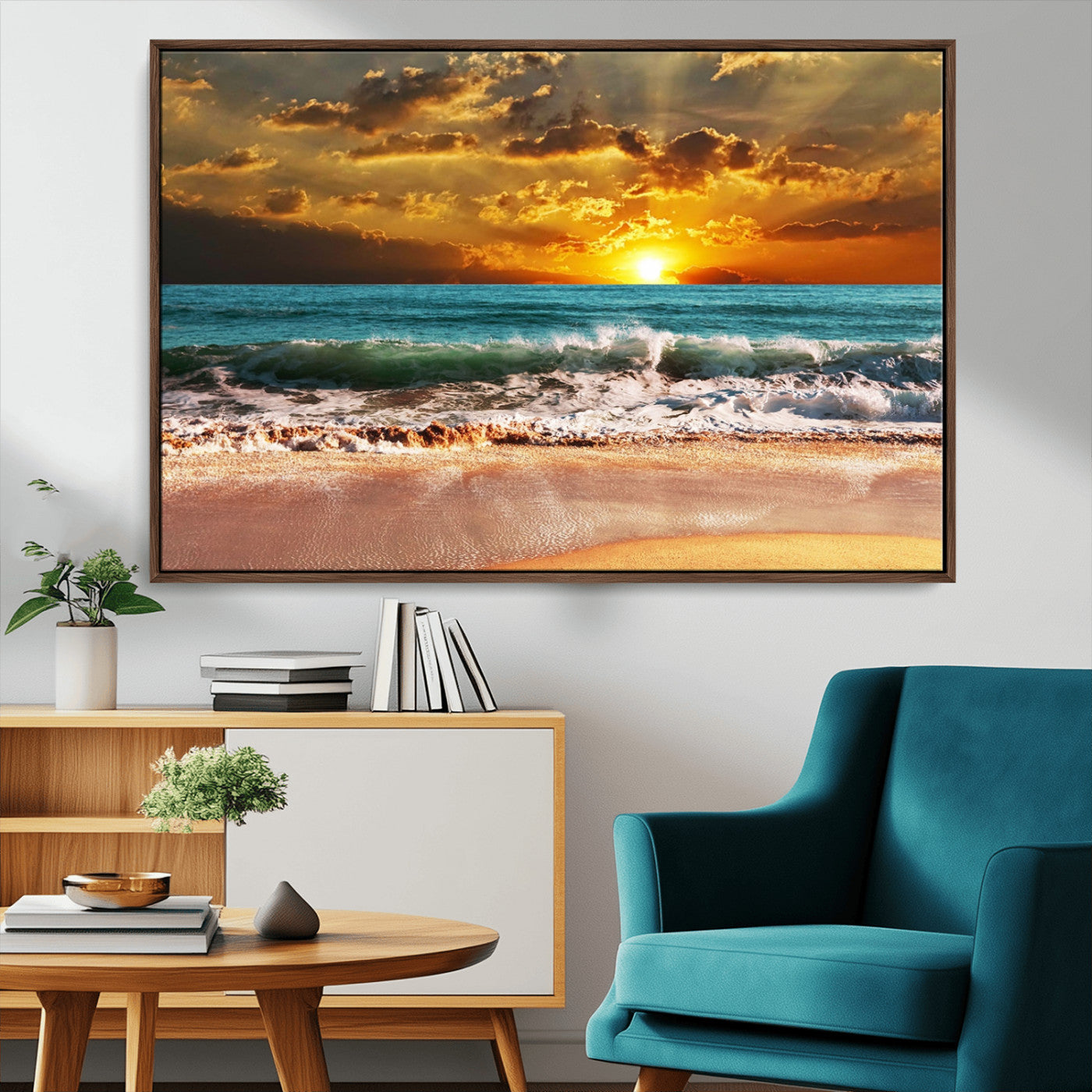 16495-MGV-CV-36X24-Golden Sunset Beach Canvas Wall Art – Triptych Seascape Print – Framed and Ready to Hang for Living