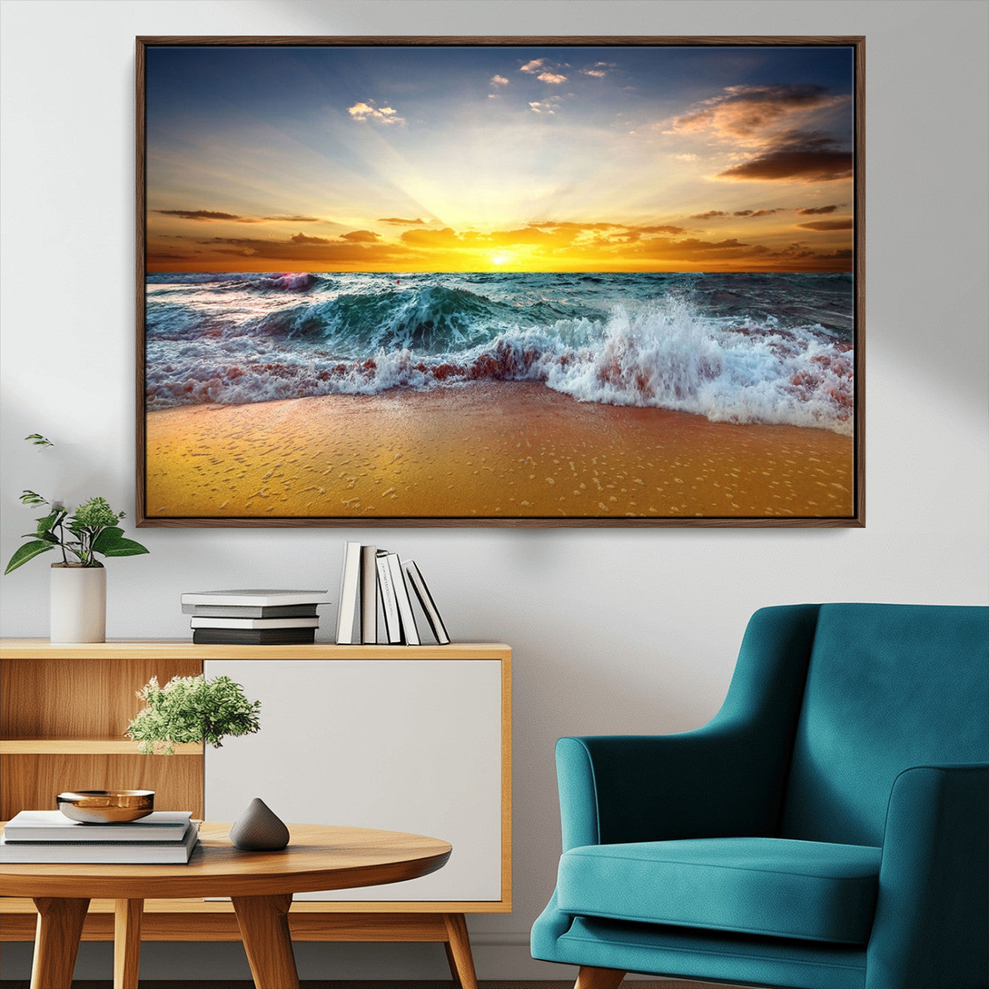 73401-MGV-CV-36X24-Golden Sunset Ocean Waves Wall Art Canvas Print – Multi Panel Beach Canvas Print Set – Large Coastal